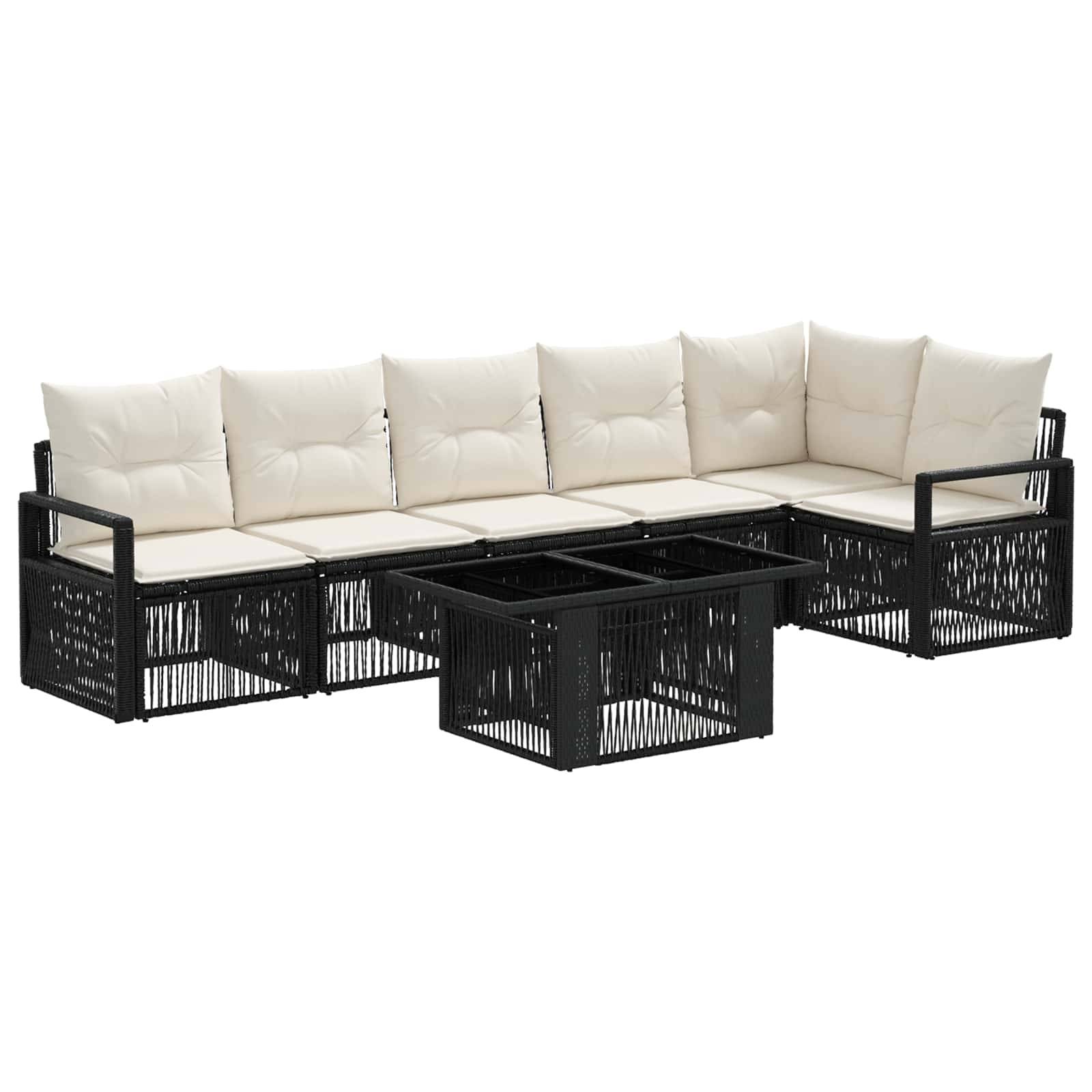 Schwarze Außen-Lounge-Garnitur mit cremefarbenen Kissen und integriertem schwarzem Couchtisch, dargestellt vor weißem Hintergrund.