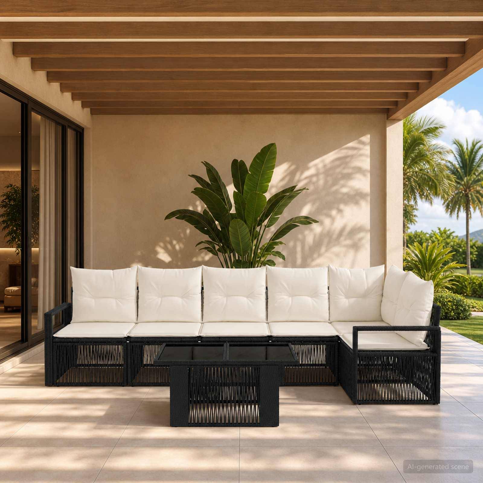 Außenbereich mit Lounge-Sitzecke, weißem Ecksofa, schwarzem Couchtisch und tropischen Pflanzen unter einer Pergola mit Holzlamellen.