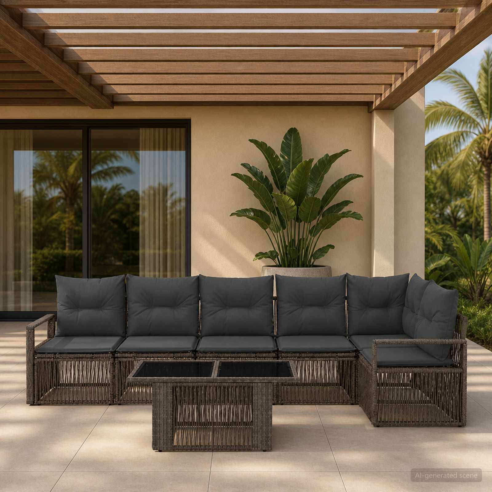 Außenterrasse mit dunklem Rattan-Sitzsektional, passenden Couchtischen und einer getopften tropischen Pflanze unter einer hölzernen Pergola.