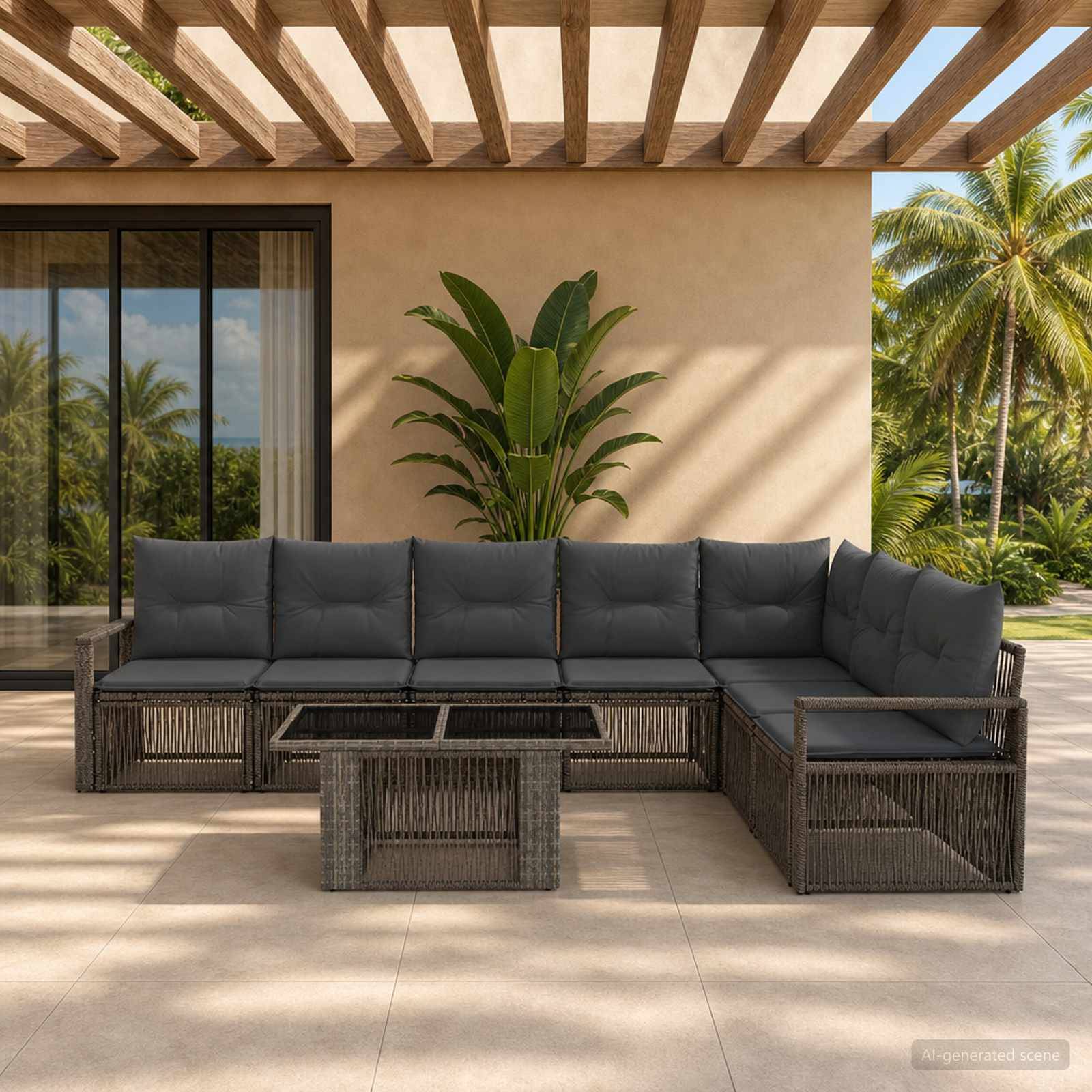Terrasse im Freien mit dunkelgrauem L-förmigem Ecksofa und passendem Tisch unter einer Holzpergola, neben einem Haus mit tropischen Pflanzen.