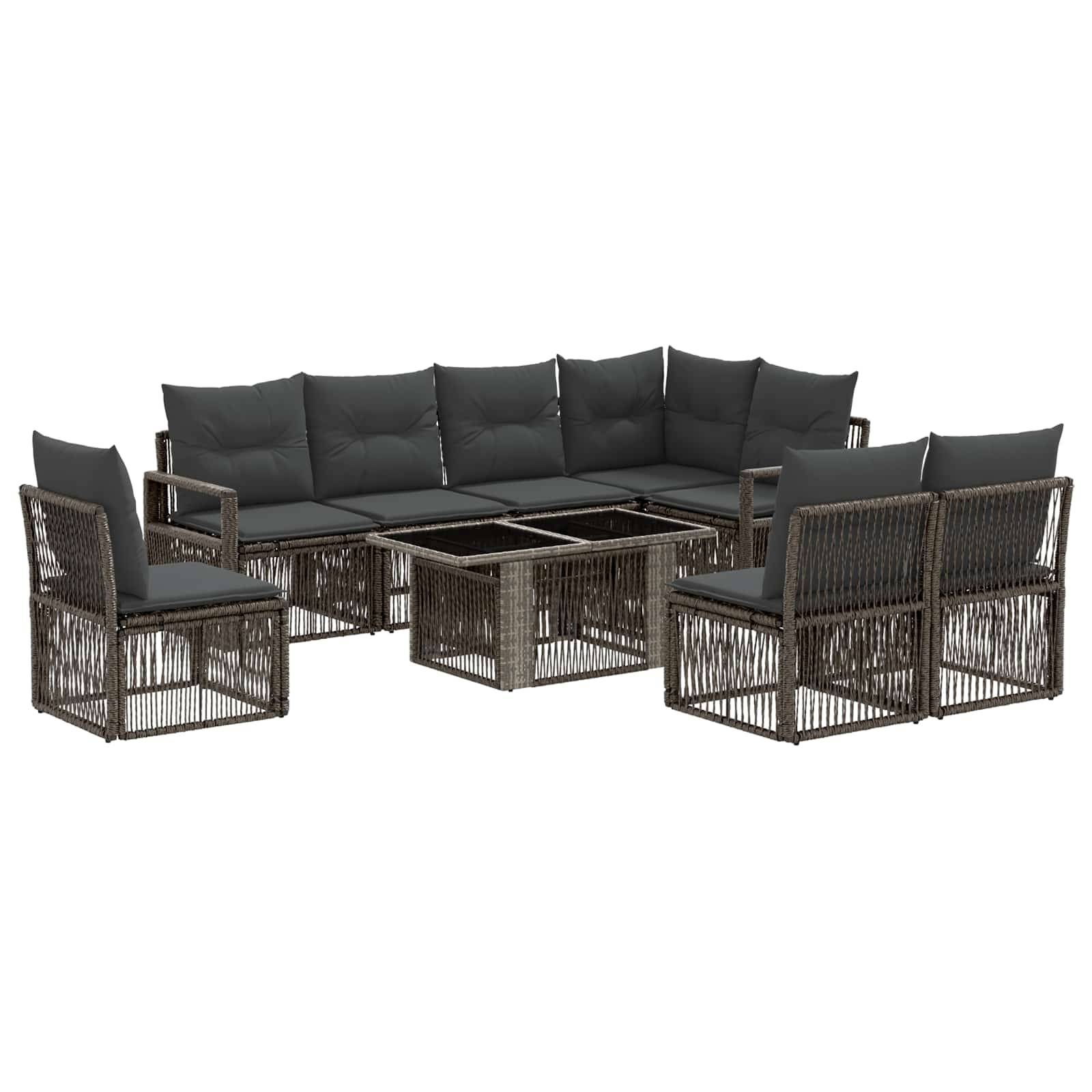 Outdoor-Polyrattan-Eckgarnitur mit dunklen Kissen, zwei Stühlen und Glastisch-Couchtisch auf weißem Hintergrund