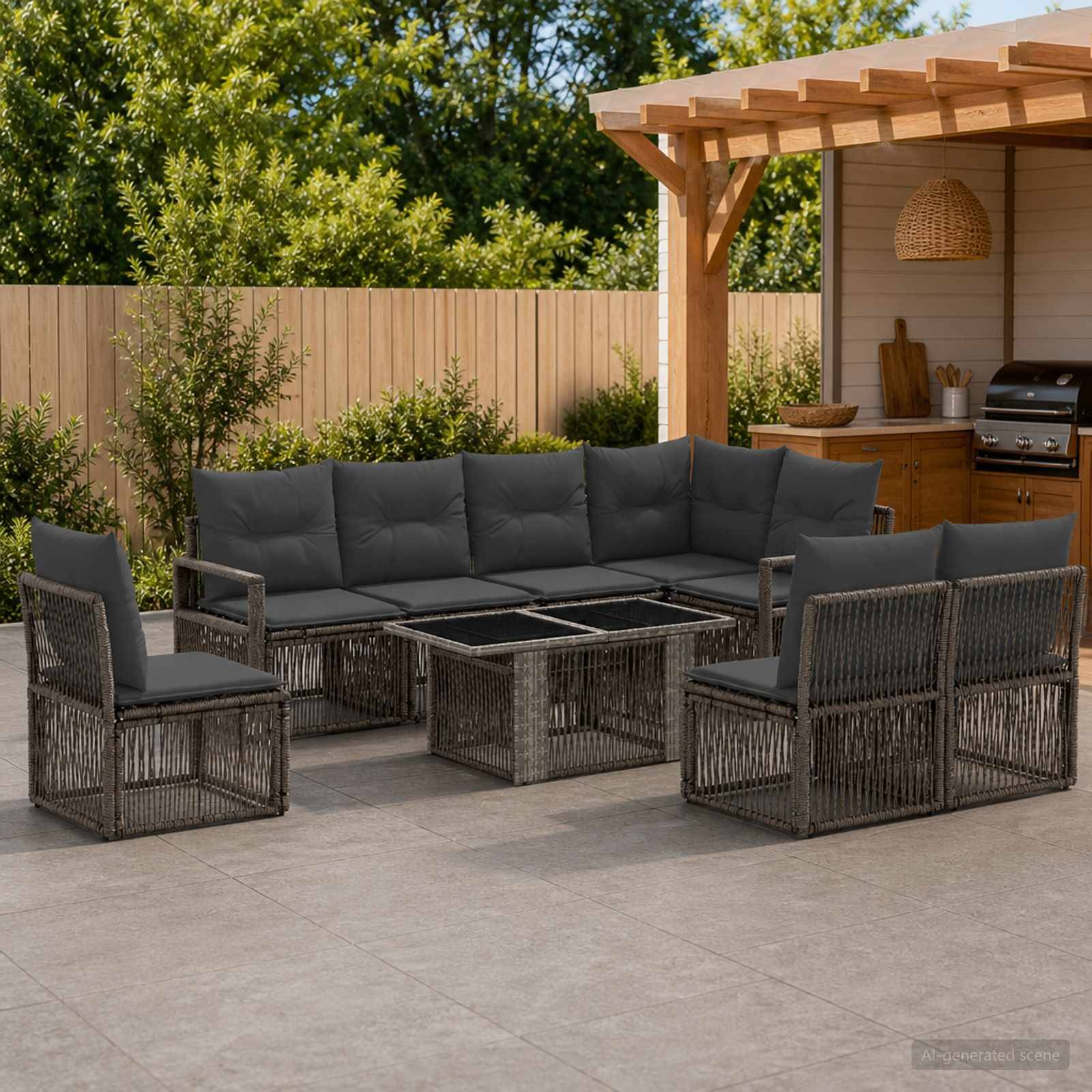 Outdoor-Sitzgarnitur mit grauem Korbgeflecht-Ecksofa, Sesseln und einem Glastisch neben einem Grillbereich mit Pergola-Überdachung.