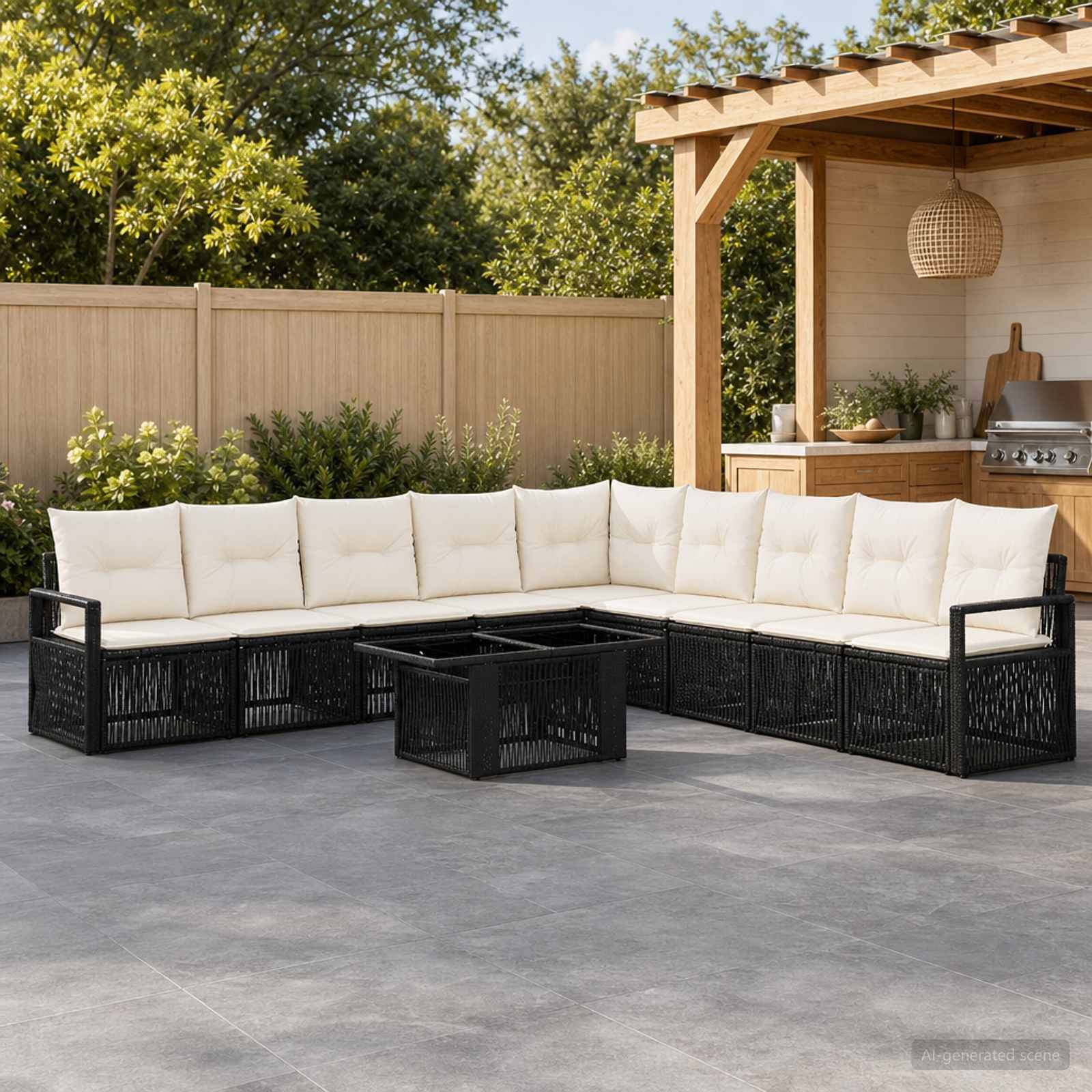 Außenterrasse mit schwarzem Polyrattan-Ecksofa, cremefarbenen Kissen und passendem Couchtisch neben einem überdachten Grillbereich und Holzzaun