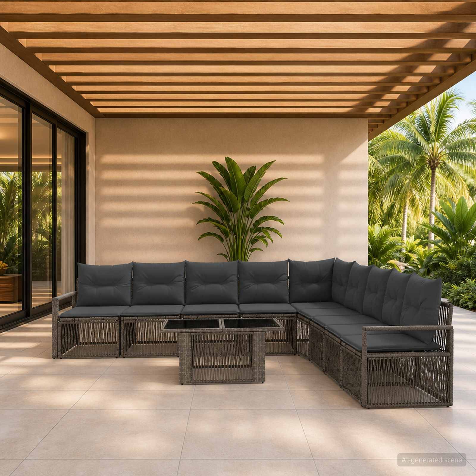 Moderne Außenterrasse mit einem L-förmigen grauen Ecksofa, Couchtisch, Topfpflanze und Pergola-Schatten mit Blick auf Palmen.