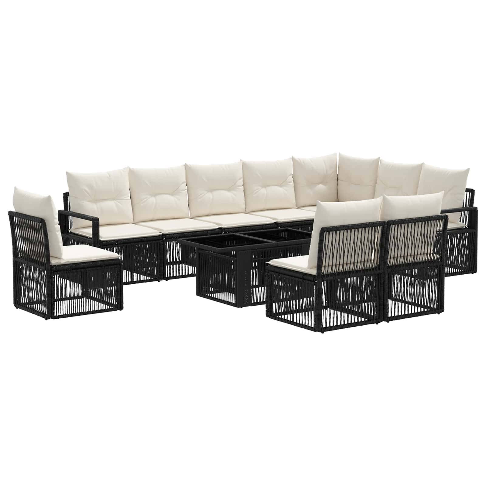 Schwarzes gewebtes Outdoor-Ecksofa-Set mit cremefarbenen Kissen und passenden Couchtischen auf weißem Hintergrund.