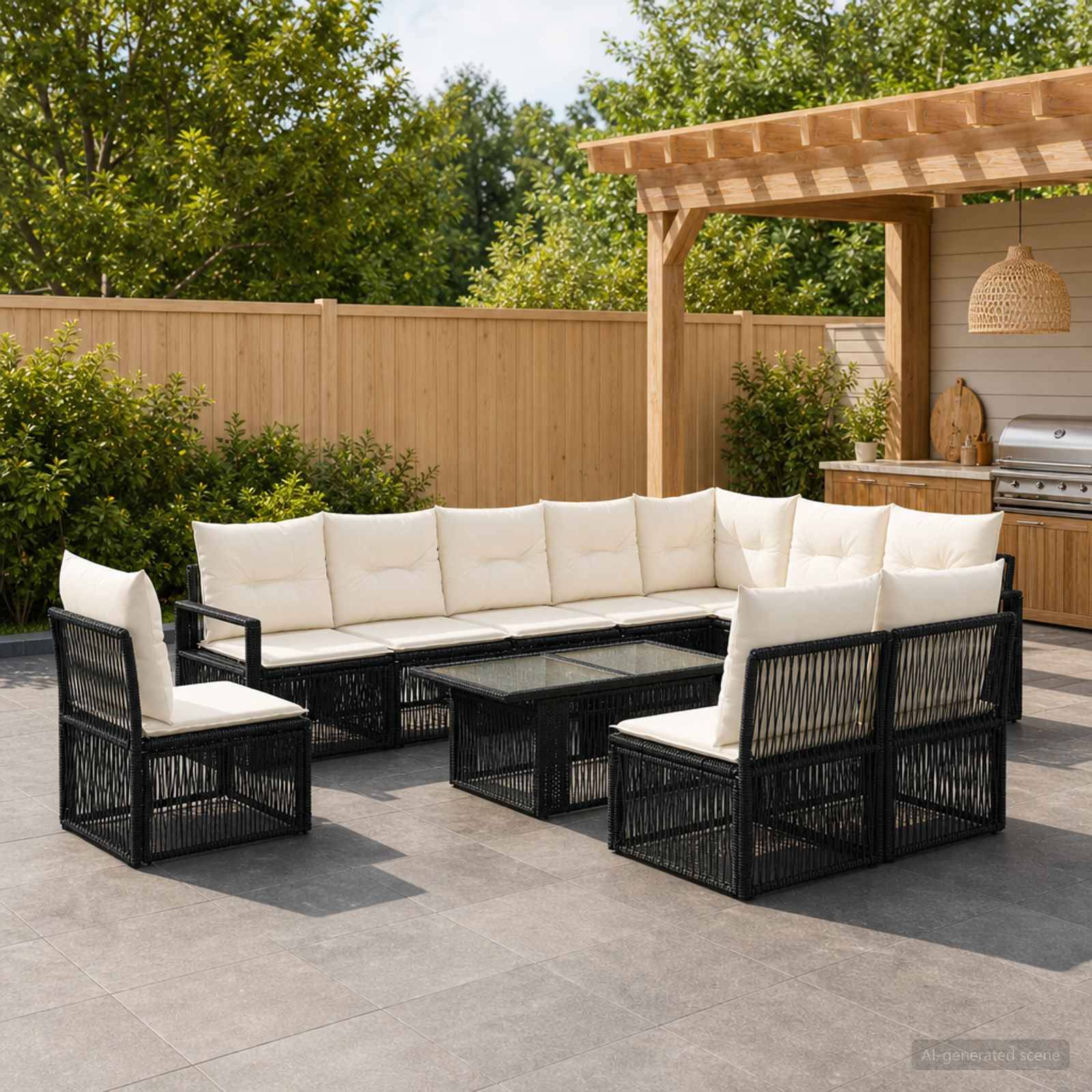Terrasse im Freien mit einem schwarzen Rattan-Ecksofa und passenden Stühlen um einen niedrigen Couchtisch, angebracht neben einer Holzpergola und einem Grill.