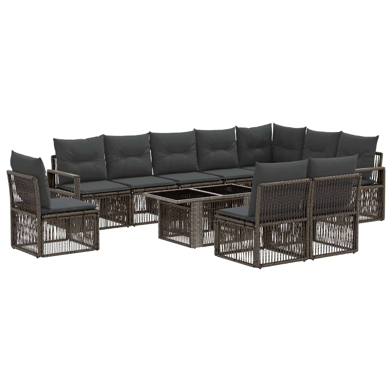 Outdoor-Lounge-Set mit dunklem Geflecht-Rahmen, grauen Polstern, zwei Sesseln und passendem Couchtisch.