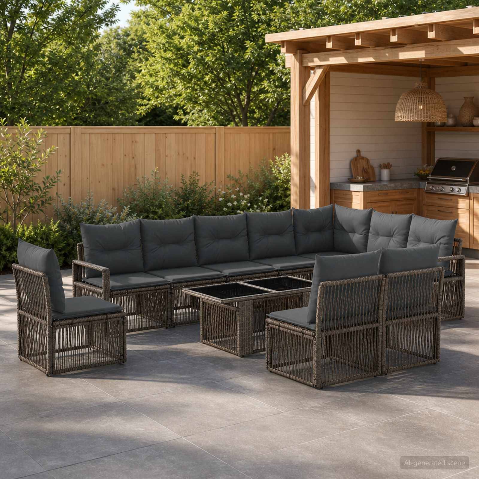 Outdoor-Sitzgarnitur mit dunklem Rattan-Ecksofa und Stühlen um Glastische neben einer hölzernen Pergola und Außenküche.