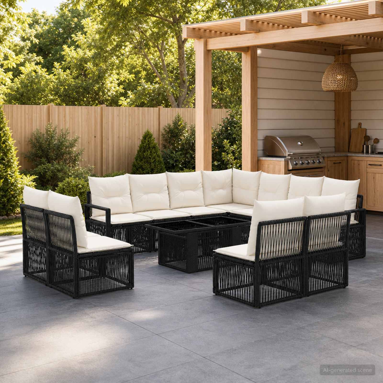 Außenbereich mit Sitzecke auf der Terrasse mit schwarzen Flechtsofa-Garnituren und weißen Kissen um einen zentralen Tisch neben einer überdachten Grillstation in einem eingezäunten Hinterhof.