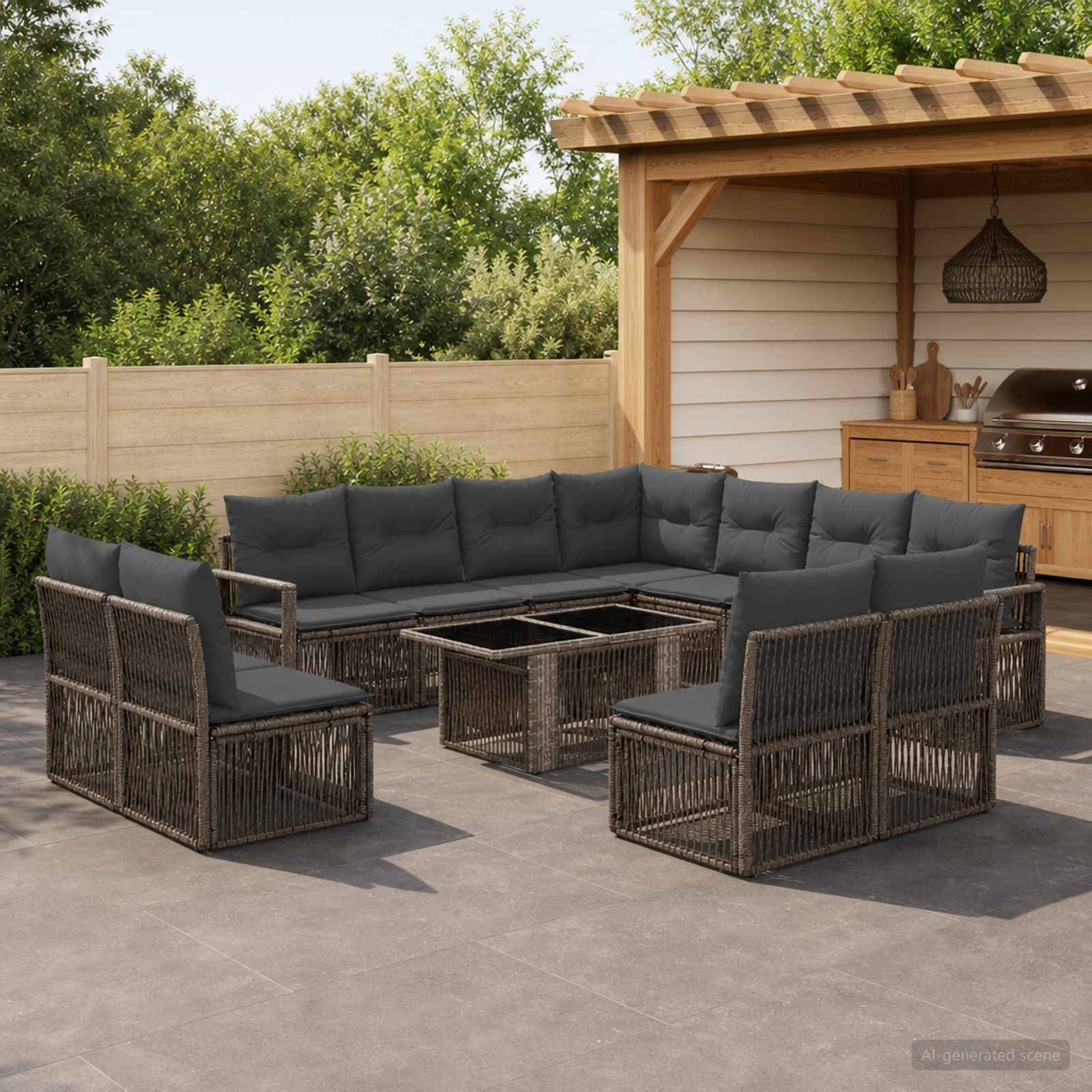 Gartenmöbel-Set im Freien mit dunklem Rattansektional-Sitzbereich, Stühlen und Glaskaffeetisch auf einer gepflasterten Terrasse neben einer Pergola im Hinterhof und einem Grillbereich.