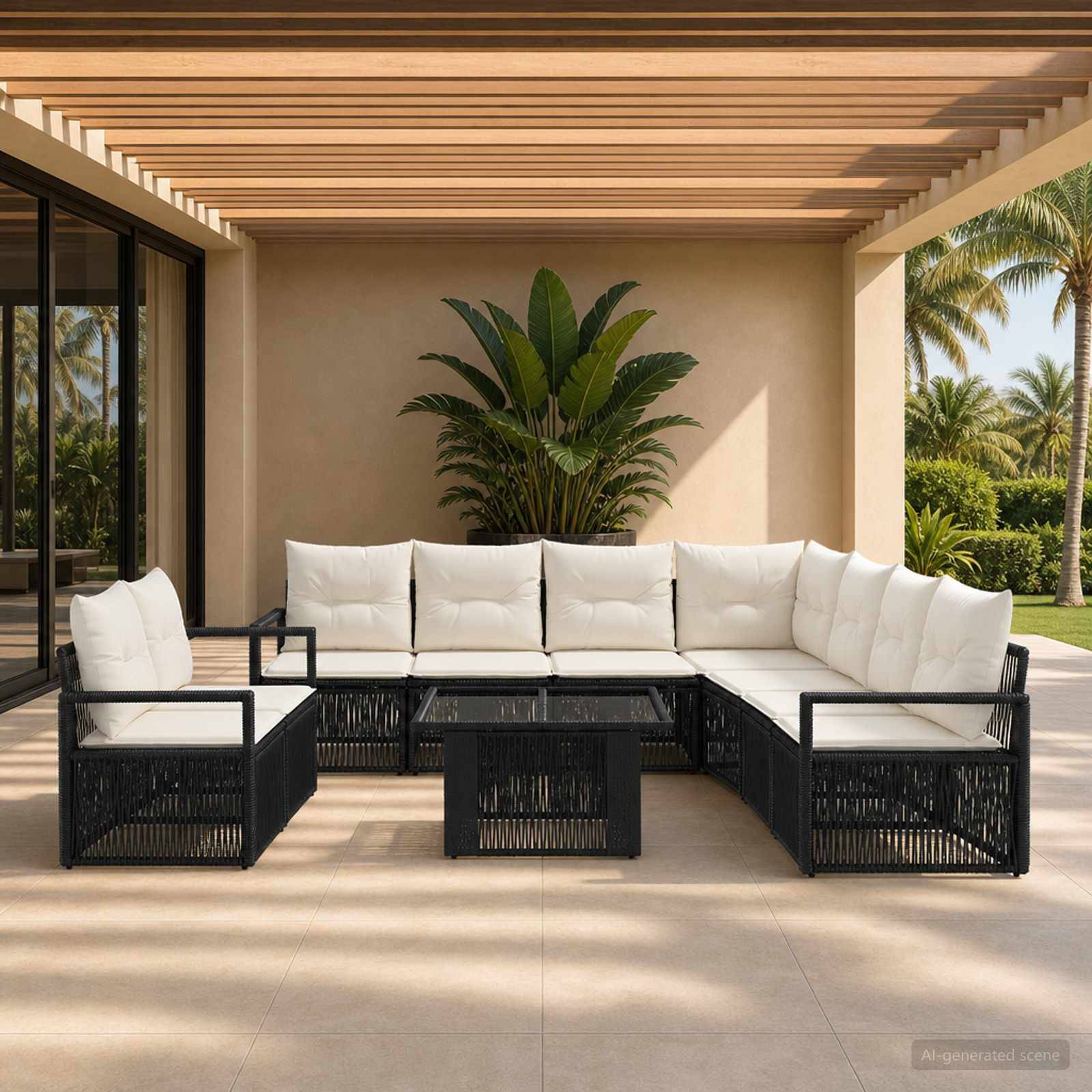 Moderner Außenbereich mit schwarzem Polyrattan-Ecksofa, weißen Kissen und Glaskaffeetisch unter einer Lamellenpergola mit Palmen im Hintergrund.