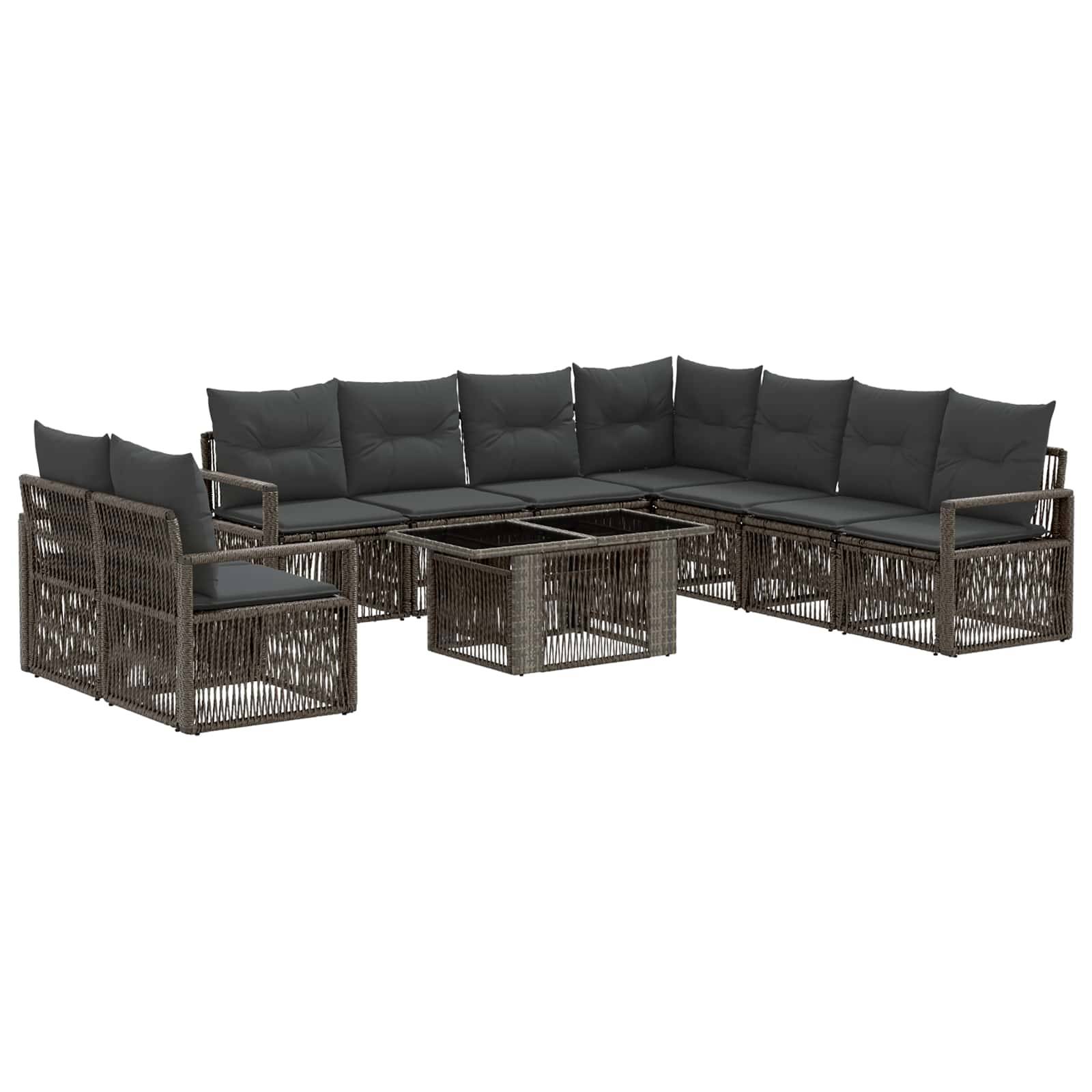 Outdoor-Loungemöbel-Set mit dunklem Rattangeflecht, grauen Kissen und passendem Couchtisch auf weißem Hintergrund.