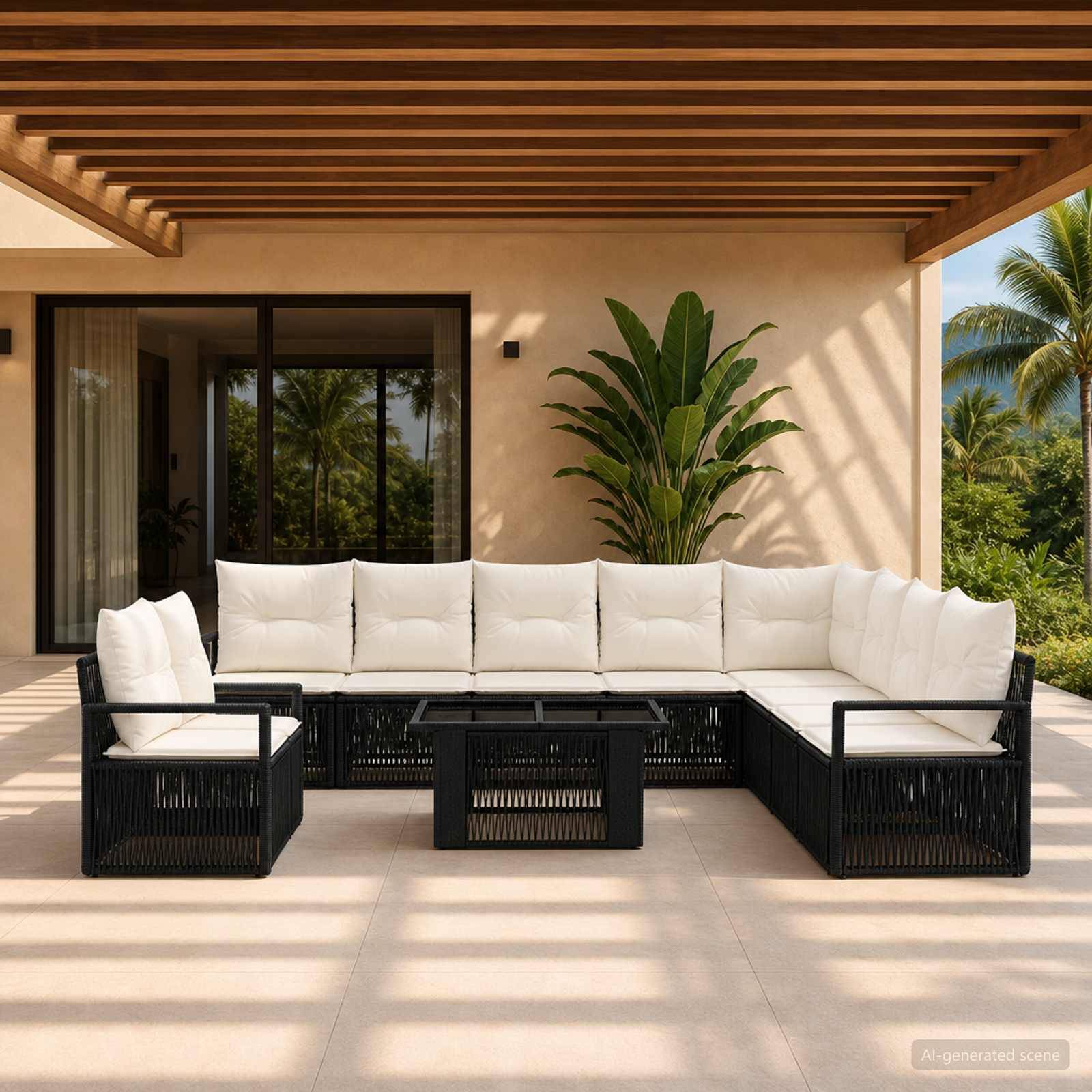 Outdoor-Sitzbereich auf der Terrasse mit weißem L-förmigem Sitzkissen-Sofa, schwarzem Rattanrahmen, Glastische und tropische Pflanzen unter einer Lamellenpergola.