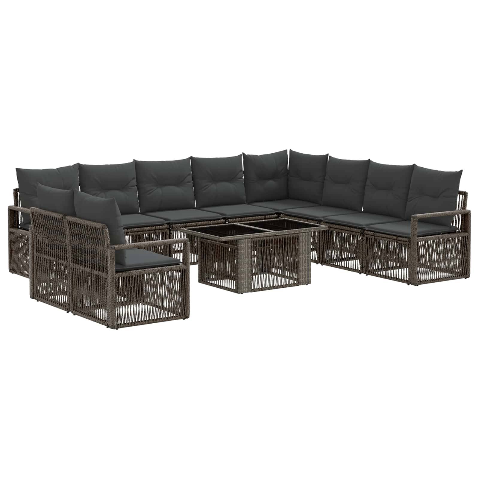 Dunkles Rattan-Außensofa-Set im Eckdesign mit grauen Kissen und passendem quadratischem Couchtisch, dargestellt auf weißem Hintergrund.