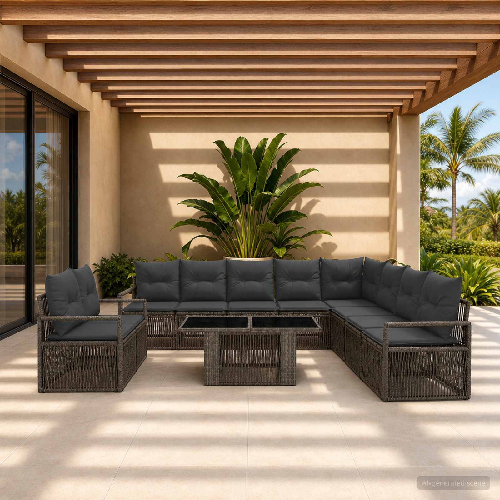 Outdoor-Lounge-Veranda mit dunkler Schnittstellenbestuhlung, zwei Sesseln und Couchtischen unter einer lamellenbeplankten Pergola, mit tropischen Pflanzen im Hintergrund.