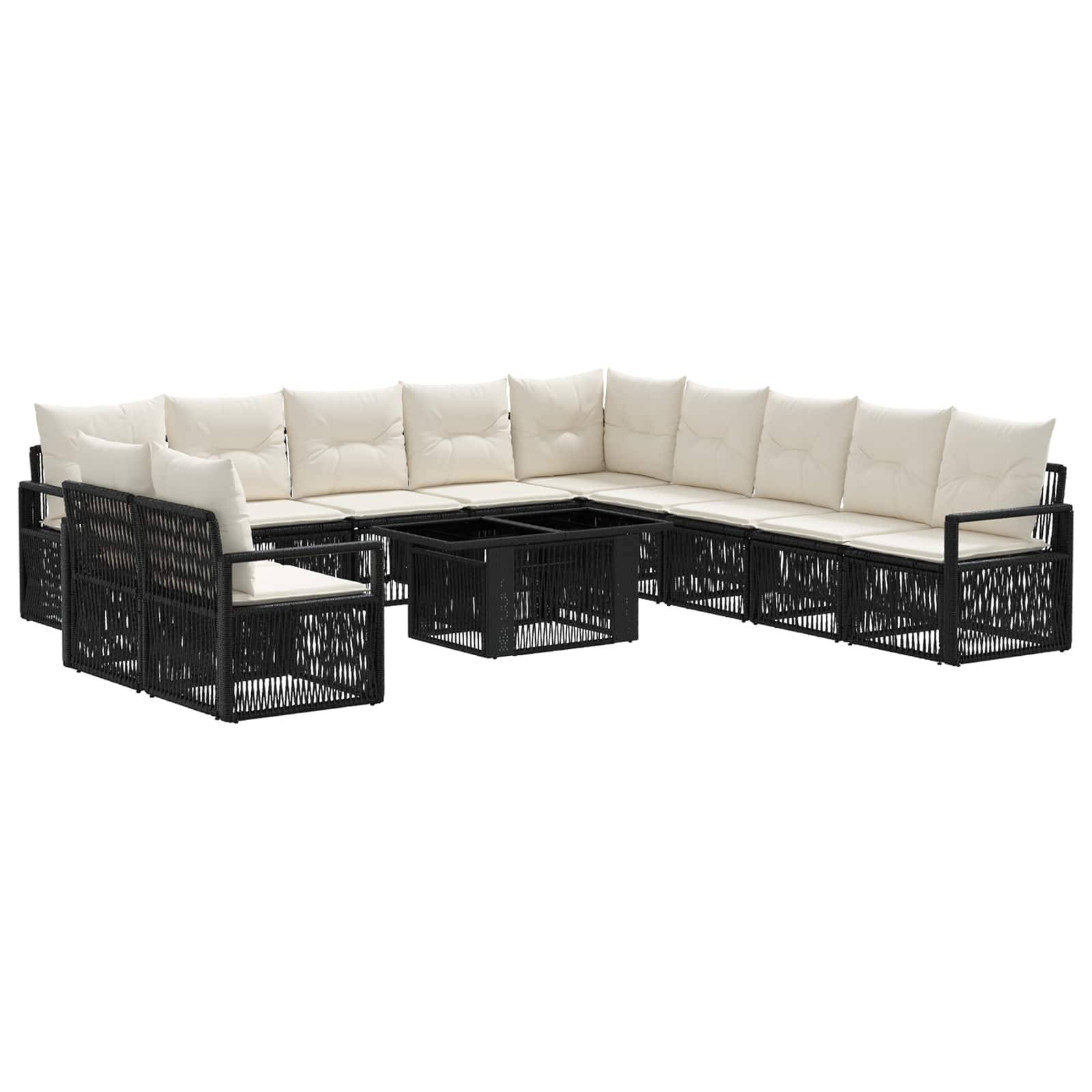 Schwarzes modulares Outdoor-Ecksofa aus Metall mit cremefarbenen Kissen, einschließlich einer Eckeinheit und passendem Chaise-Lounge-Sitzelement.