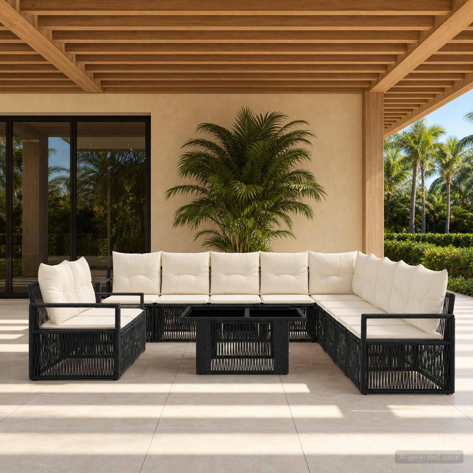 Outdoor-Sitzbereich mit schwarzem Rattan-Ecksofa, weißen Kissen und passendem Couchtisch unter einer Pergola mit Holzbalken.