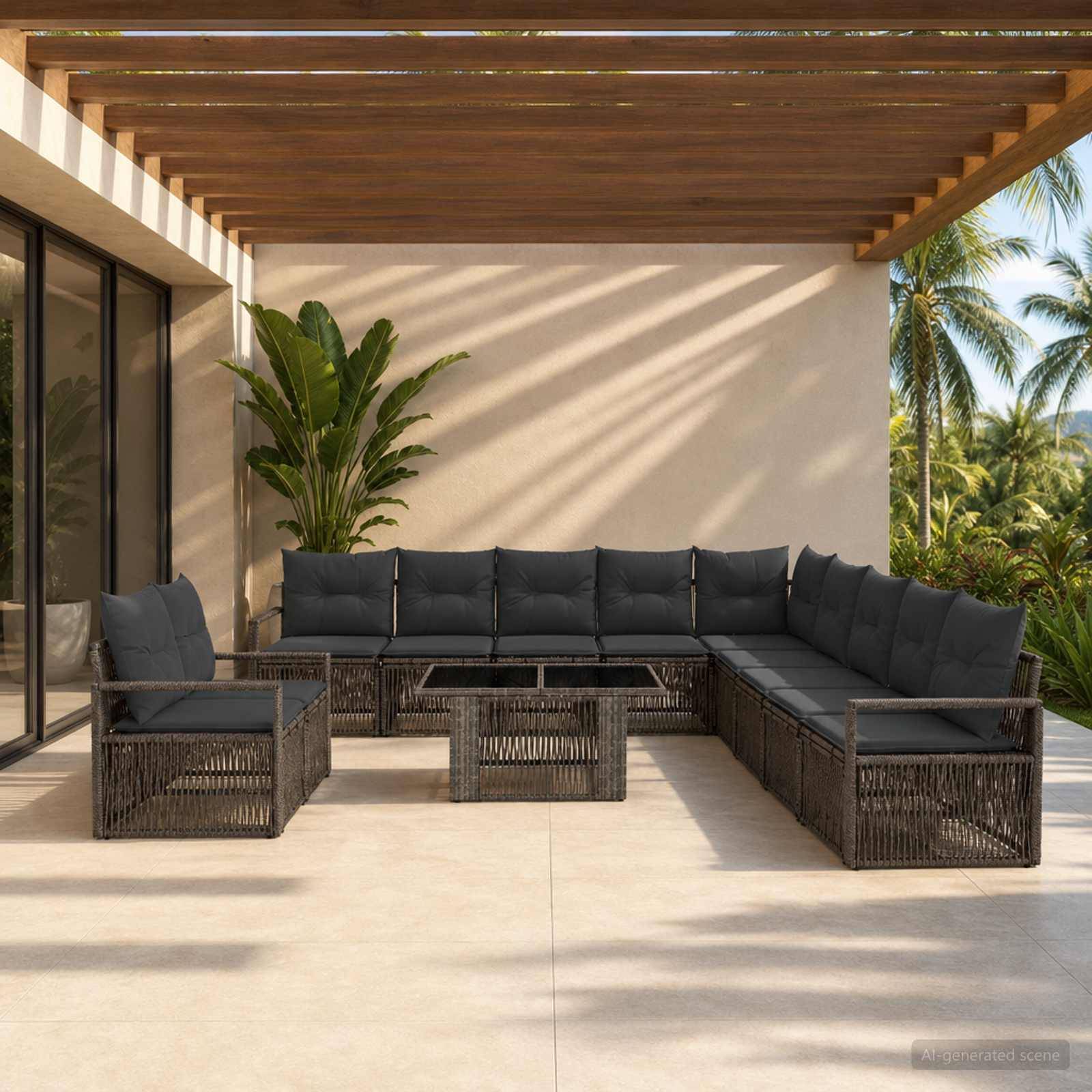 Außen-Terrassensitzbereich mit dunklem Rattansofa in Modulbauweise, Sessel, Couchtisch, Pergola als Sonnenschutz, Topfpflanze und Palmen im Hintergrund.