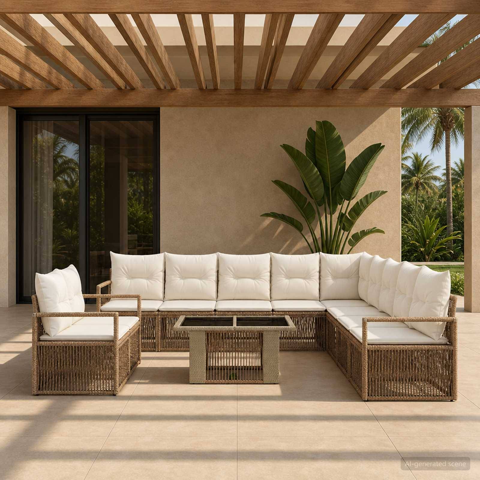 Outdoor-Terrasse mit L-förmigem Korbsektional und Sessel um einen quadratischen Couchtisch, unter einer lamelllierten Pergola mit tropischen Pflanzen in der Nähe.