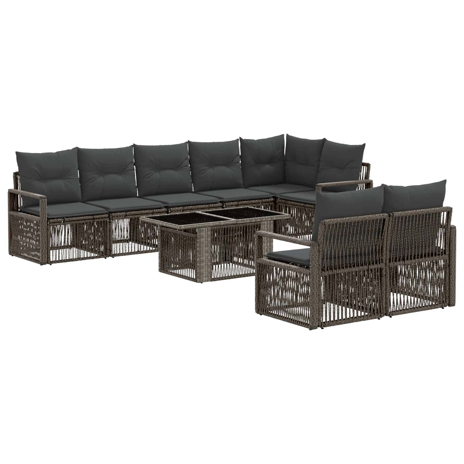 Dunkles Korbgeflecht-Außensofa-Set mit gepolsterten Sitzflächen, Couchtisch und passendem Stuhl auf weißem Hintergrund.