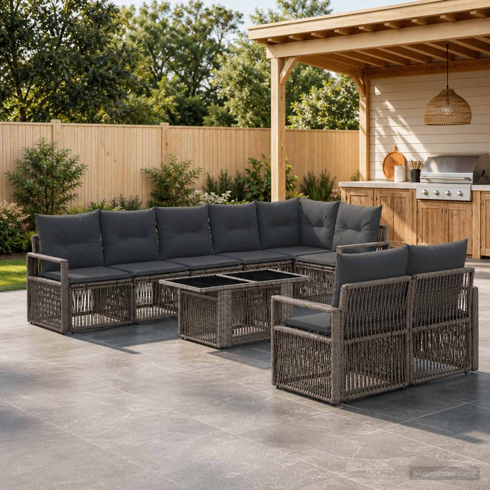 Außenbereich einer Terrasse mit dunklem Rattan-Ecksofa, zwei Sesseln und einem Couchtisch neben einem eingebauten Grill unter einer Pergola.