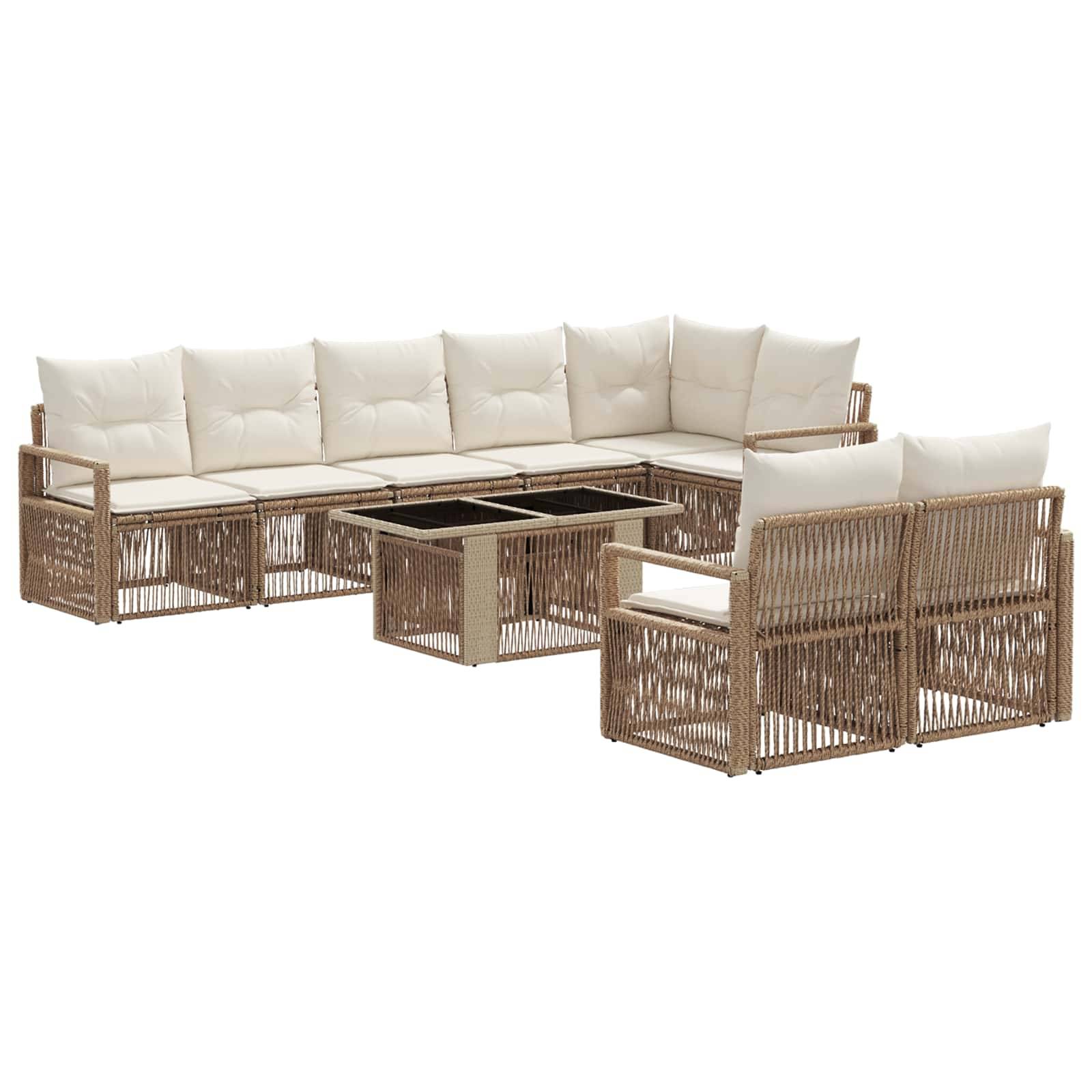 Rattan-Gartensofagarnitur mit beige Polstern und Glastischen, in L-Form angeordnet mit passenden Sesseln.