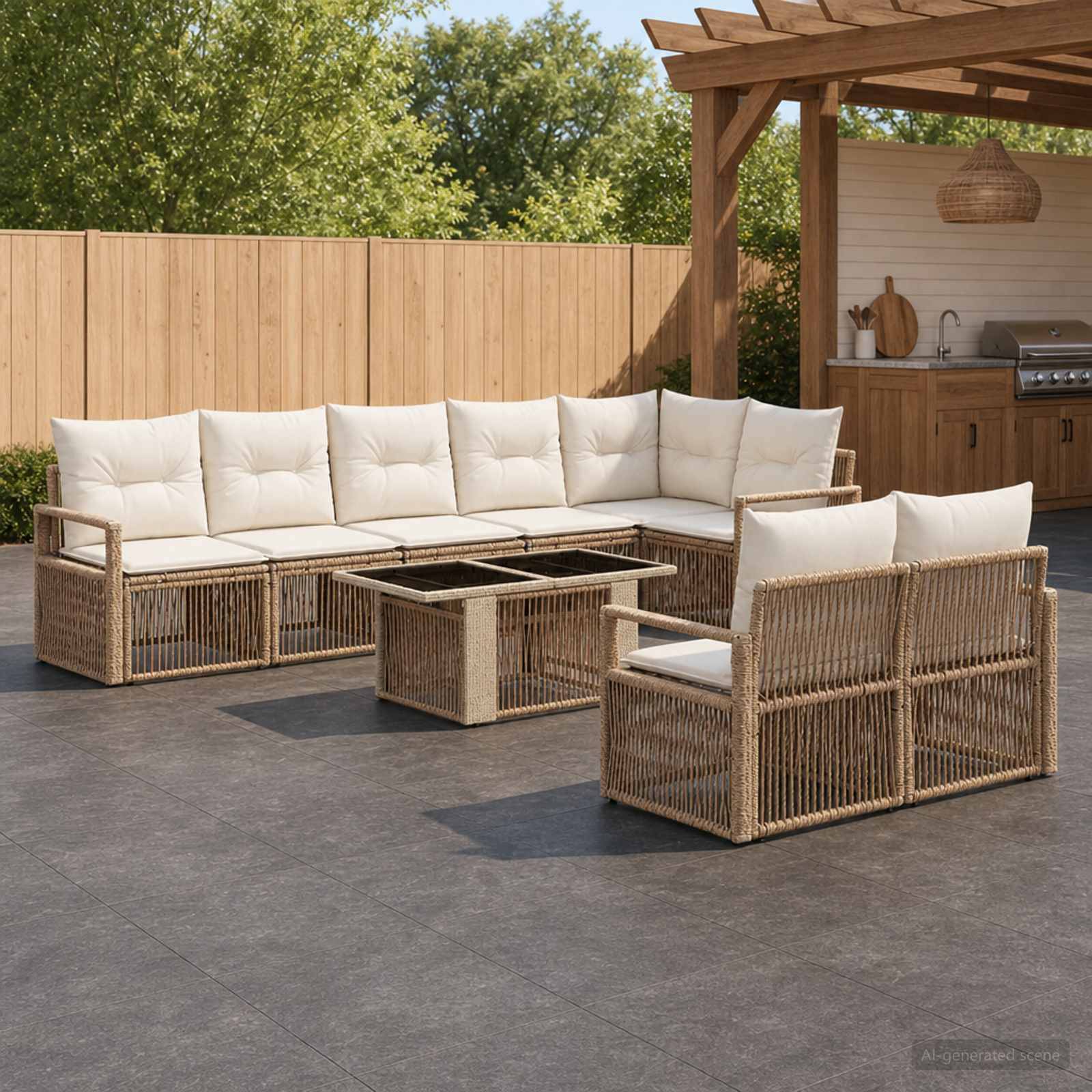 Outdoor-Sitzgarnitur mit beigefarbenen Kissen und Rattanrahmen um einen Glastisch herum, neben einer Pergola und einem Grill.