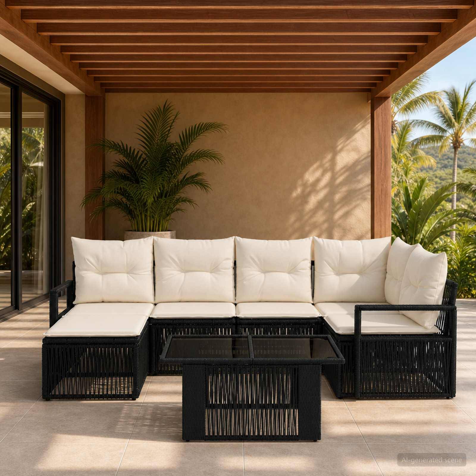 Außenbereich einer Terrasse mit schwarzer Rattan-Sektionalgarnitur und weißen Kissen, schwarzem Couchtisch und Topfpalmen unter einer lamellierte Holz-Pergola.