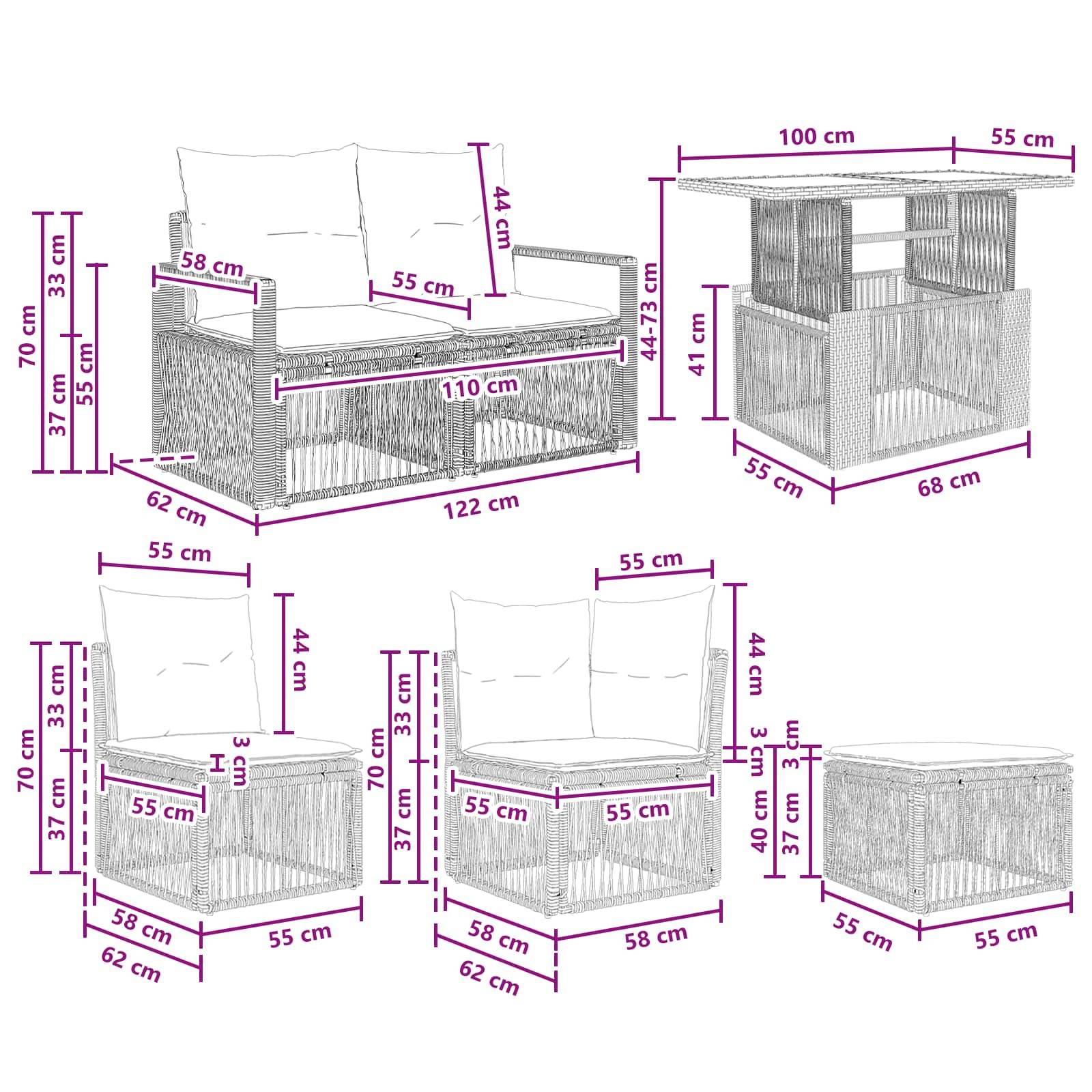Diagramm eines modularen Rattangarnitursatzes für die Terrasse mit Kissen, zeigt Sofa, Zweisitzer, Sessel und Tisch/Sitzcube mit Abmessungen in Zentimetern.