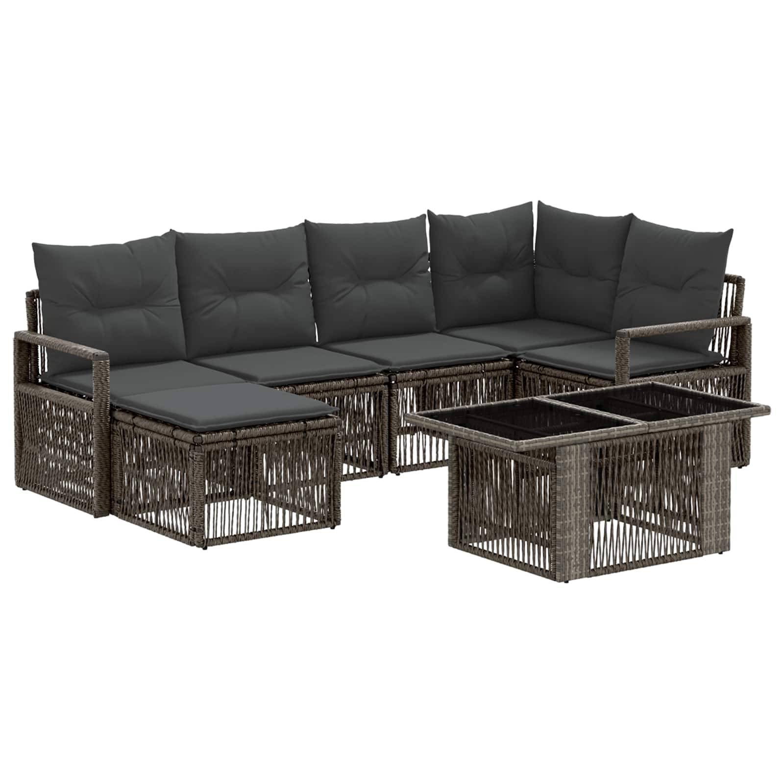 Outdoor Braun Korbgeflecht Ecksofa mit dunklen Kissen und passendem Glastisch auf weißem Hintergrund.