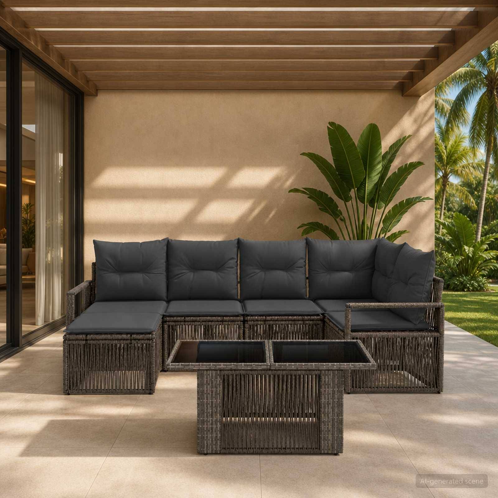 Außenbereich mit Terrassenmöbeln bestehend aus dunklem Rattan-Ecksofa, passendem Couchtisch und tropischen Pflanzen unter einem Lamellendach.