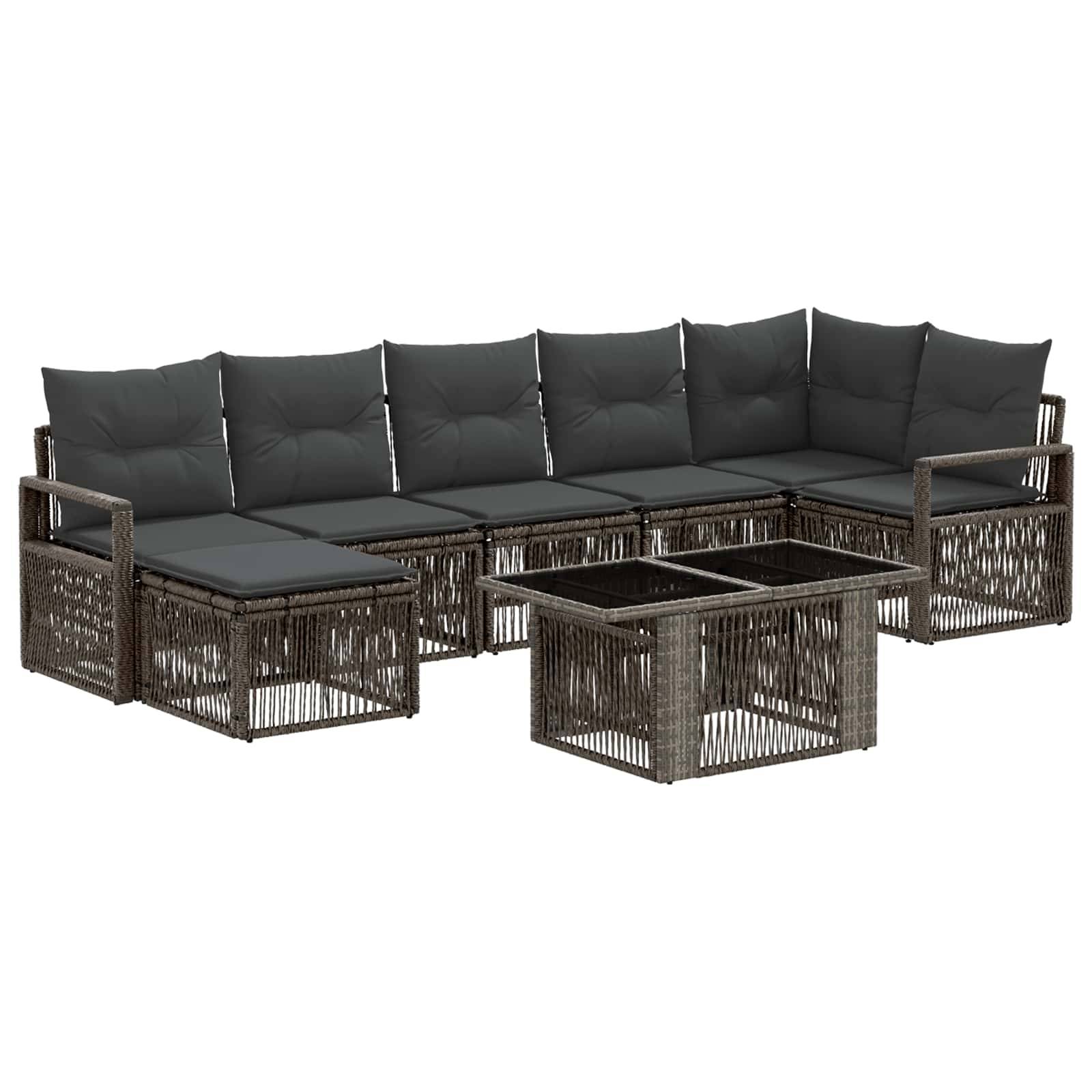 Modulares Outdoor-Lounge-Set mit dunklen geflochtenen Rahmen, grauen Kissen und passendem quadratischen Couchtisch auf weißem Hintergrund.