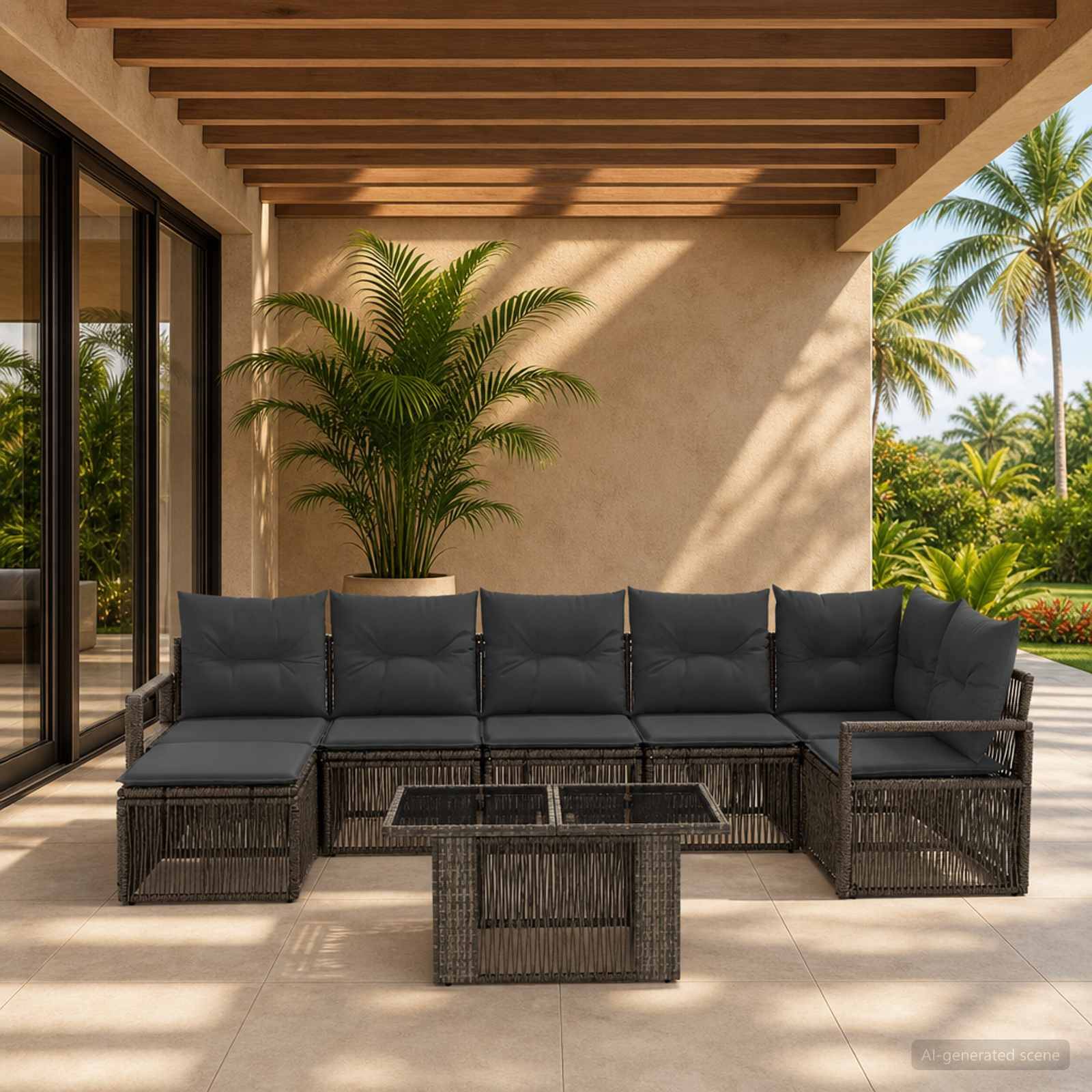 Terrasse im Freien mit dunklem Polyrattan-Ecksofa und Glaskaffeetisch unter einer Pergola, neben einem Palmentopf und tropischem Garten.