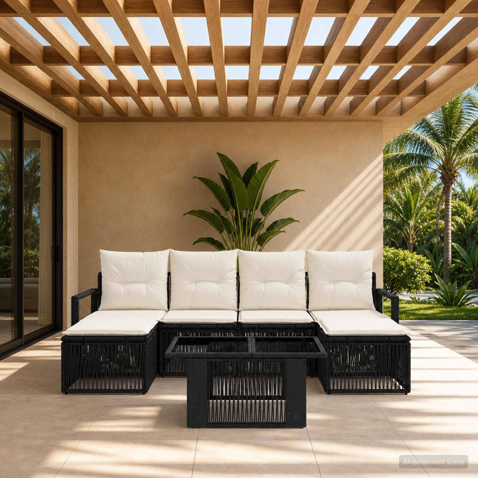 Außenterrasse mit schwarzer Eckbestuhlung und weißen Kissen unter einer Holzpergola, eingerahmt von tropischer Palmenbepflanzung.