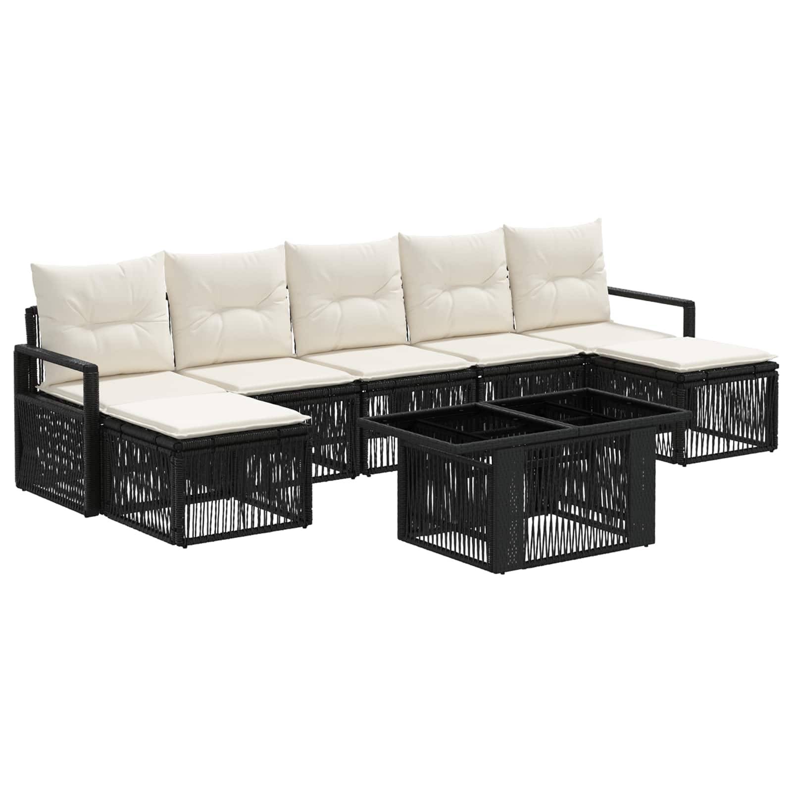 Schwarze Outdoor-Loungeset mit weißen Kissen und passendem würfelförmigen Couchtisch auf weißem Hintergrund.