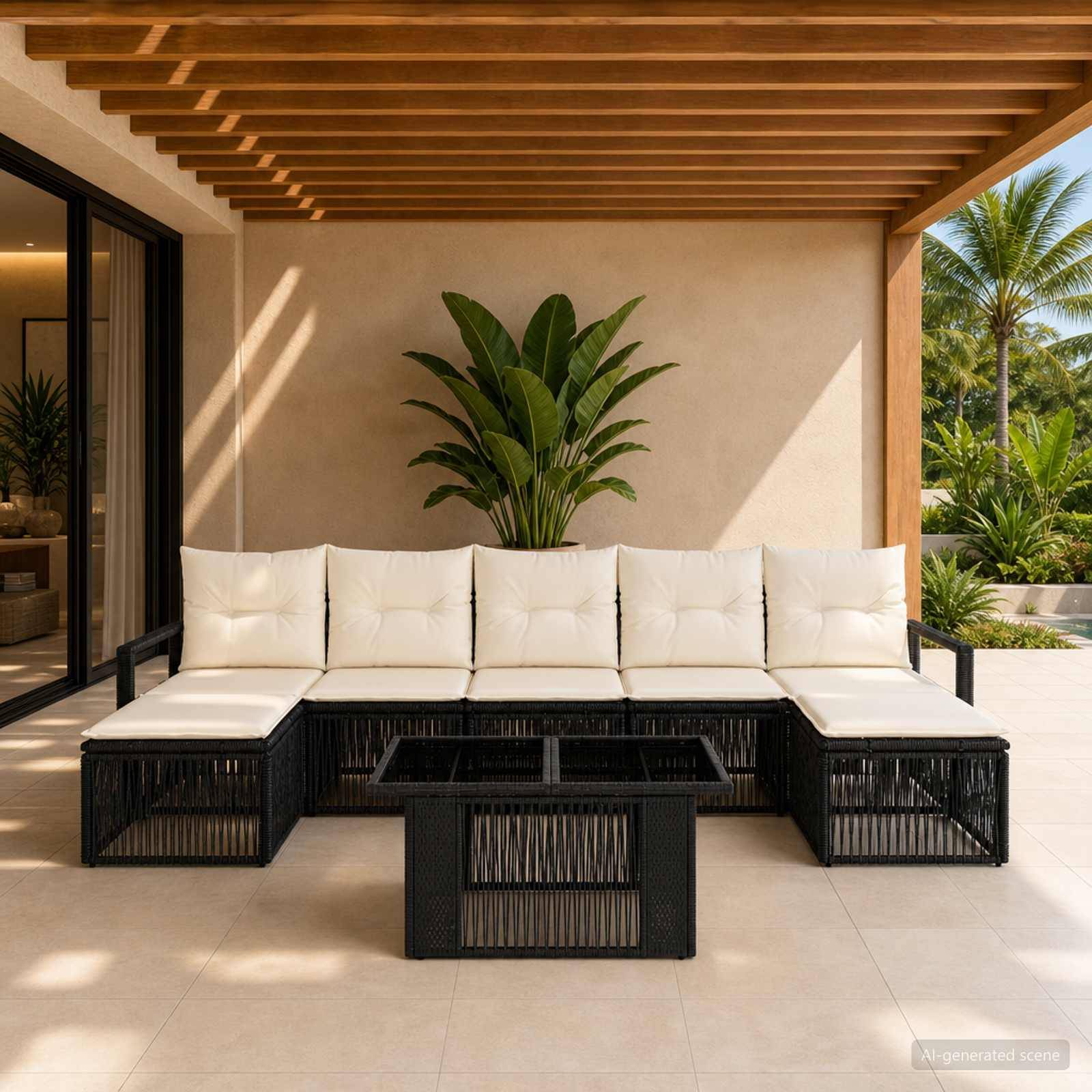 Moderne Außenterrasse mit weißer Eckgarnitur, schwarzem Couchtisch und tropischen Pflanzen unter einer Pergola mit Holzlatten.
