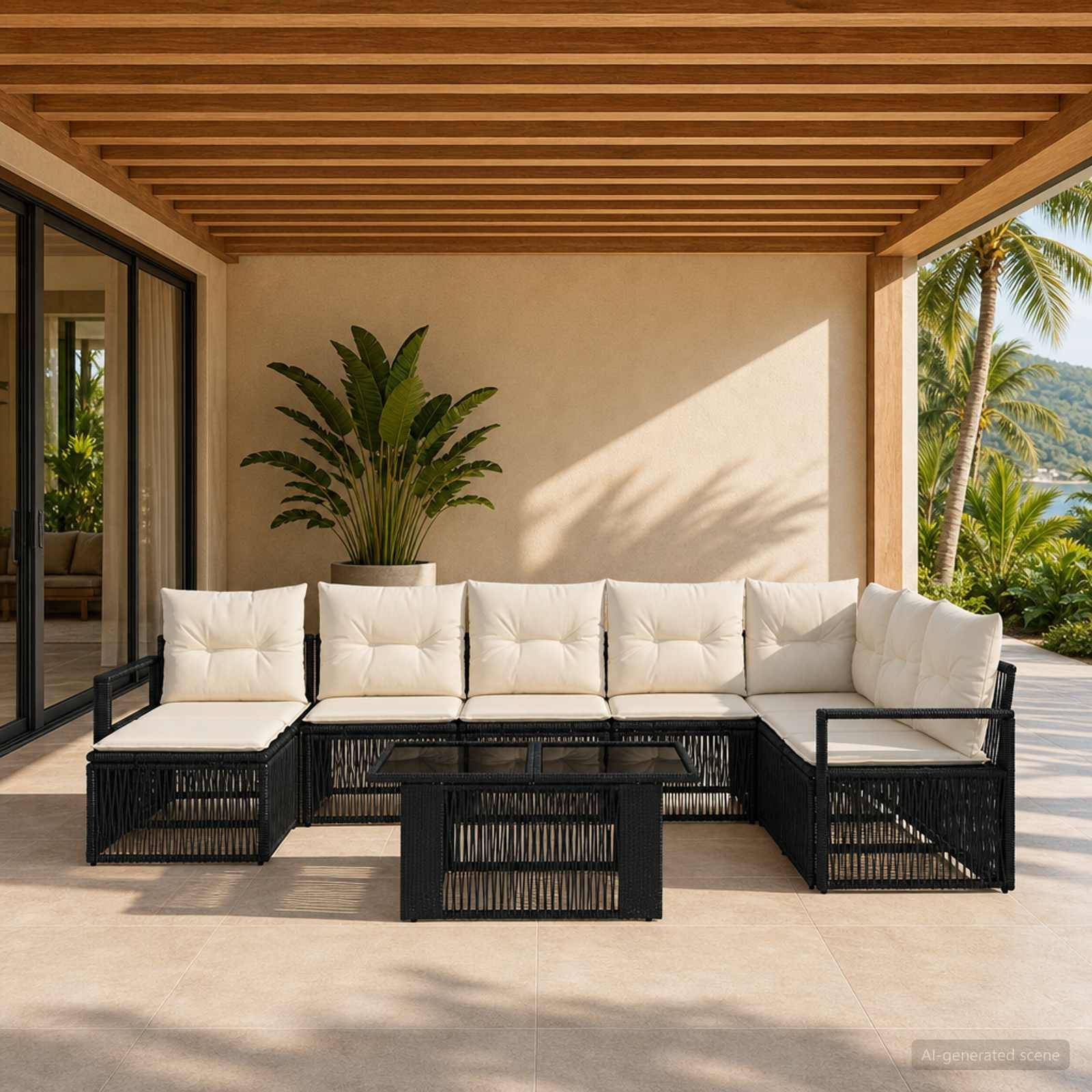 Überdachte Terrasse mit schwarzem Ecksofa, weißen Kissen, Couchtisch und Topfpflanze mit Blick auf Palmen und entfernte Hügel.