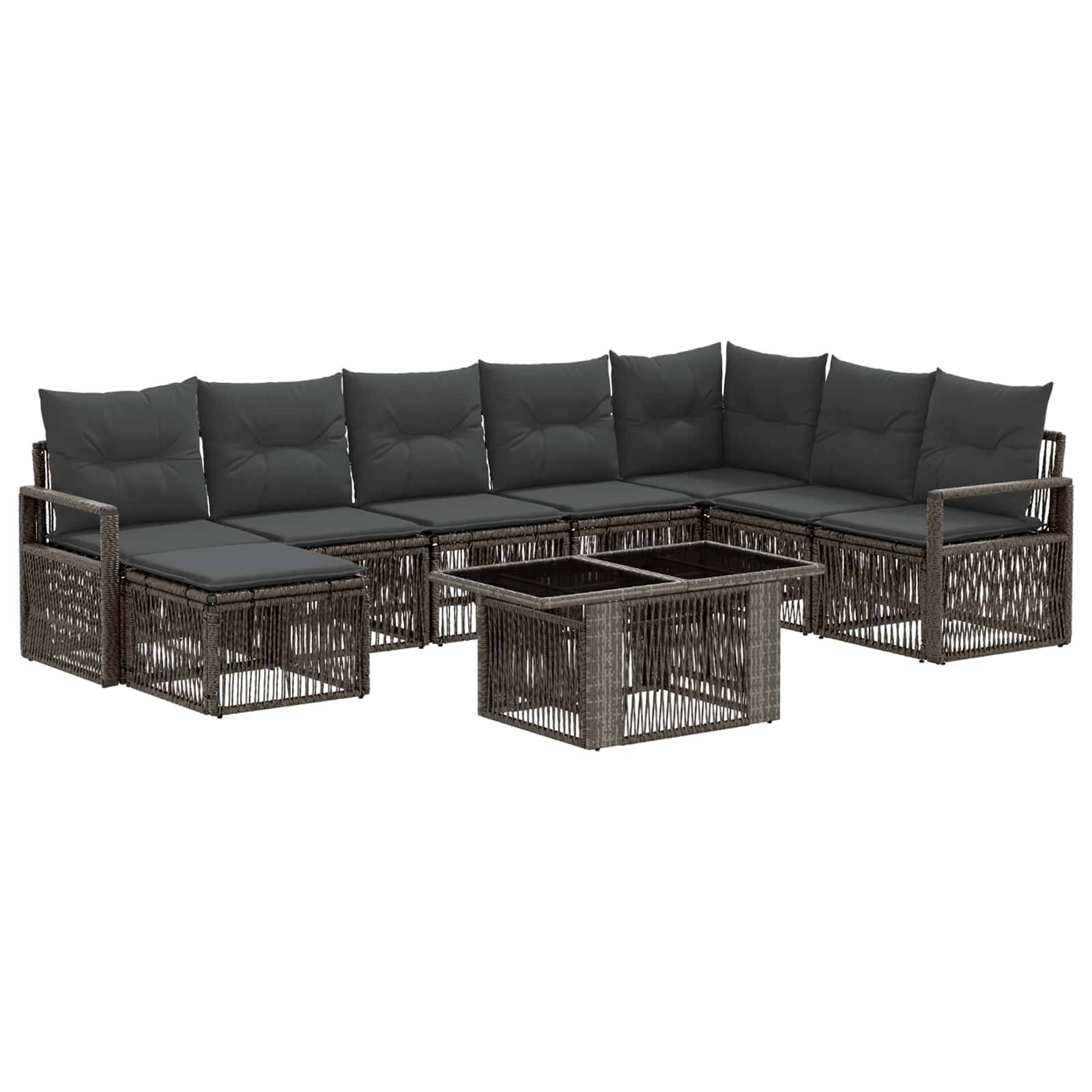 Braunes Rattan-Außen-Ecksofa-Set mit dunklen Kissen und passendem quadratischem Glastisch auf weißem Hintergrund