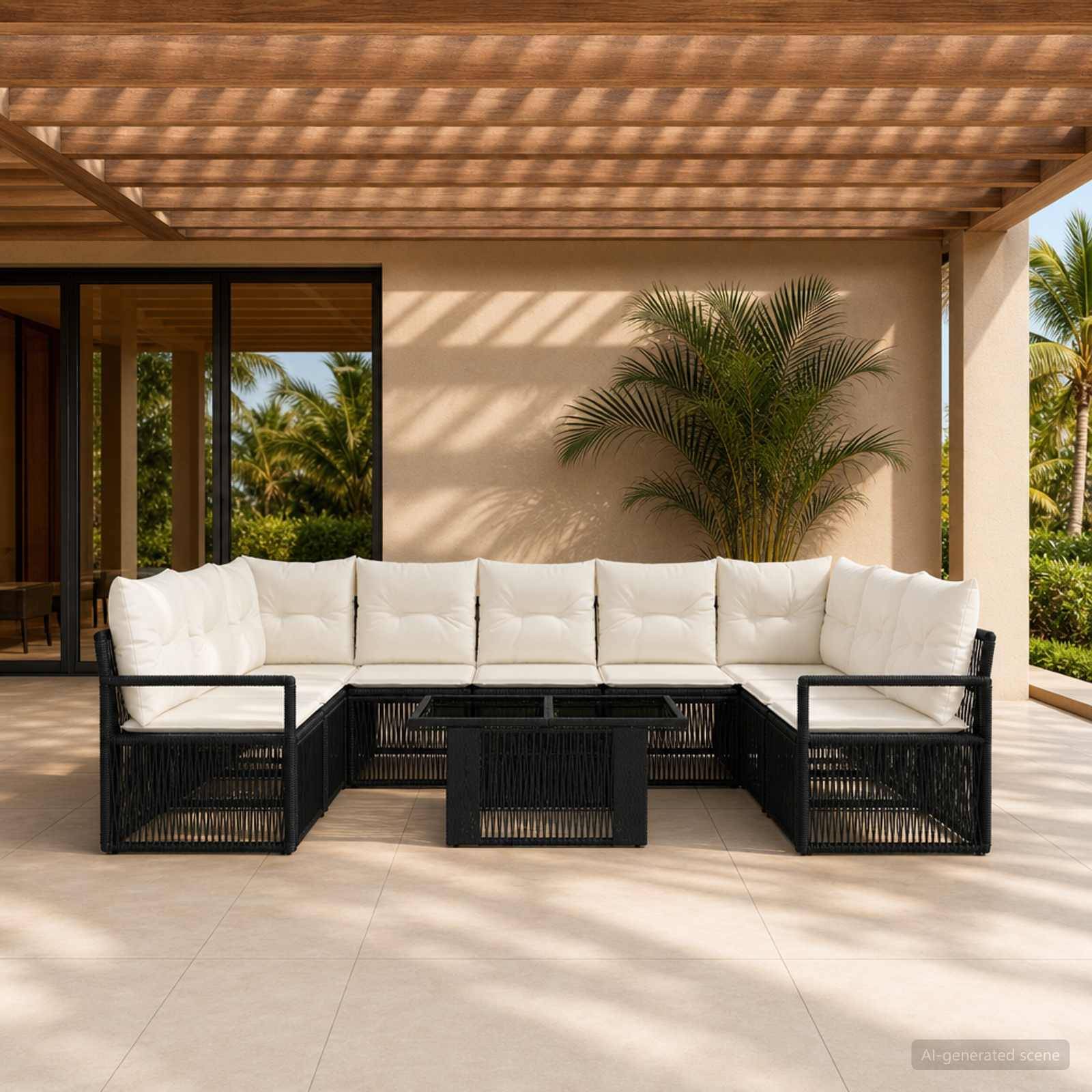 Outdoor-Terrasse mit einem weißen Ecksofa und schwarzem Rattanrahmen unter einer schattigen Pergola, neben einem Topf-Palme und Glasschiebetüren.