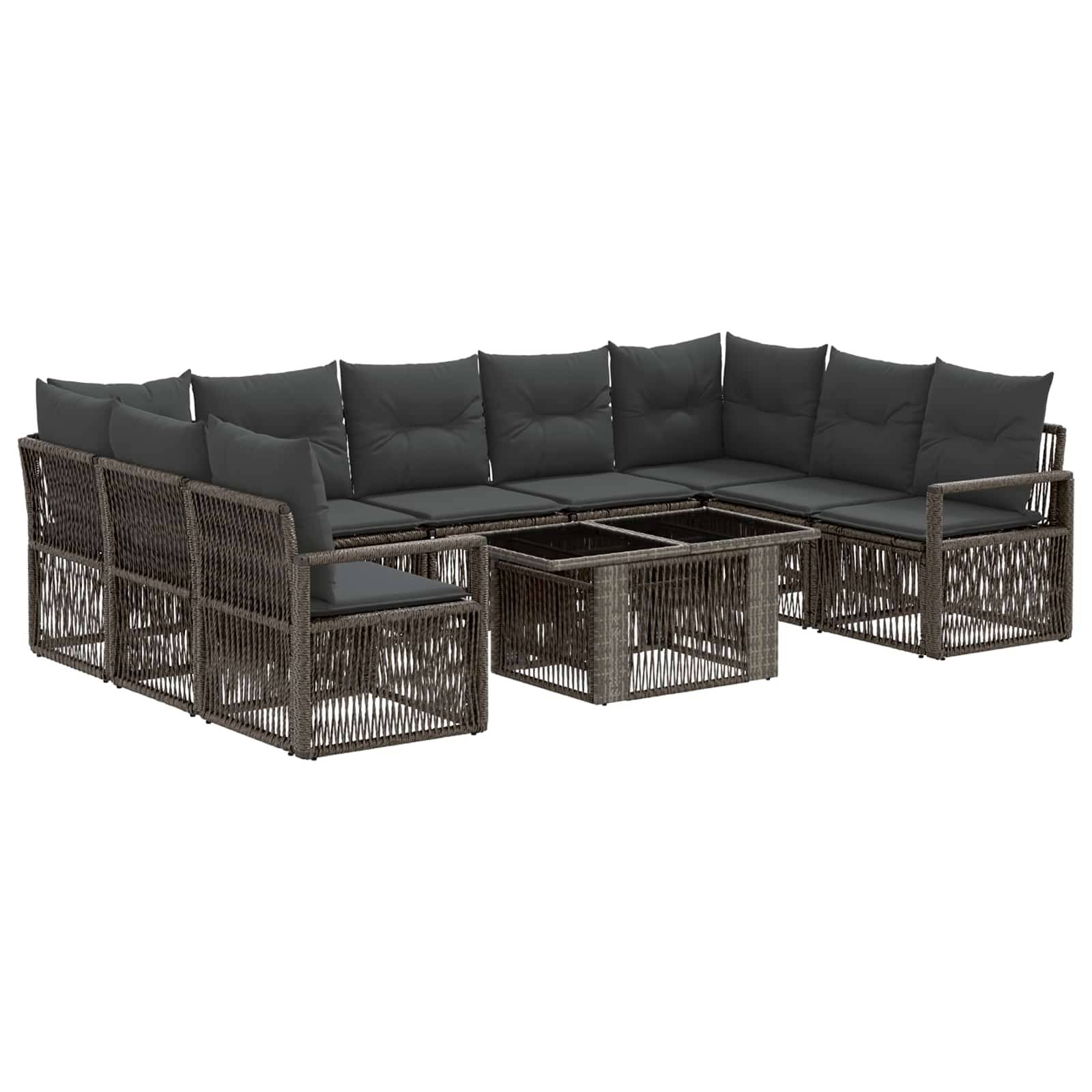 Dunkles Rattan-Außenlounge-Set mit Holzkohle-Kissen und passenden Couchtischen auf weißem Hintergrund.