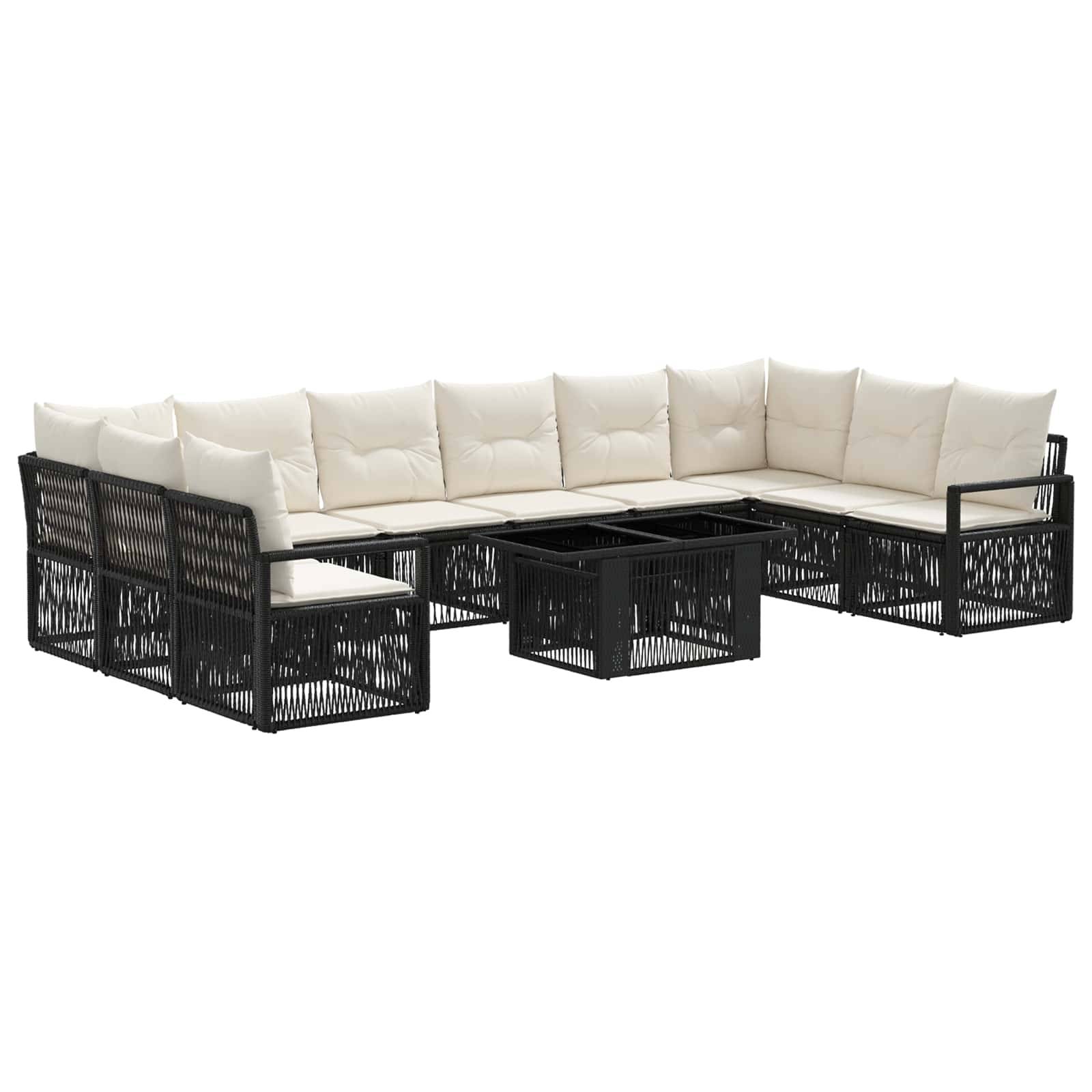 U-förmiges Garten-Loungesofa mit cremefarbenen Kissen und schwarzem geflochtenem Metallrahmen, inklusive zentralem Tisch/Hocker