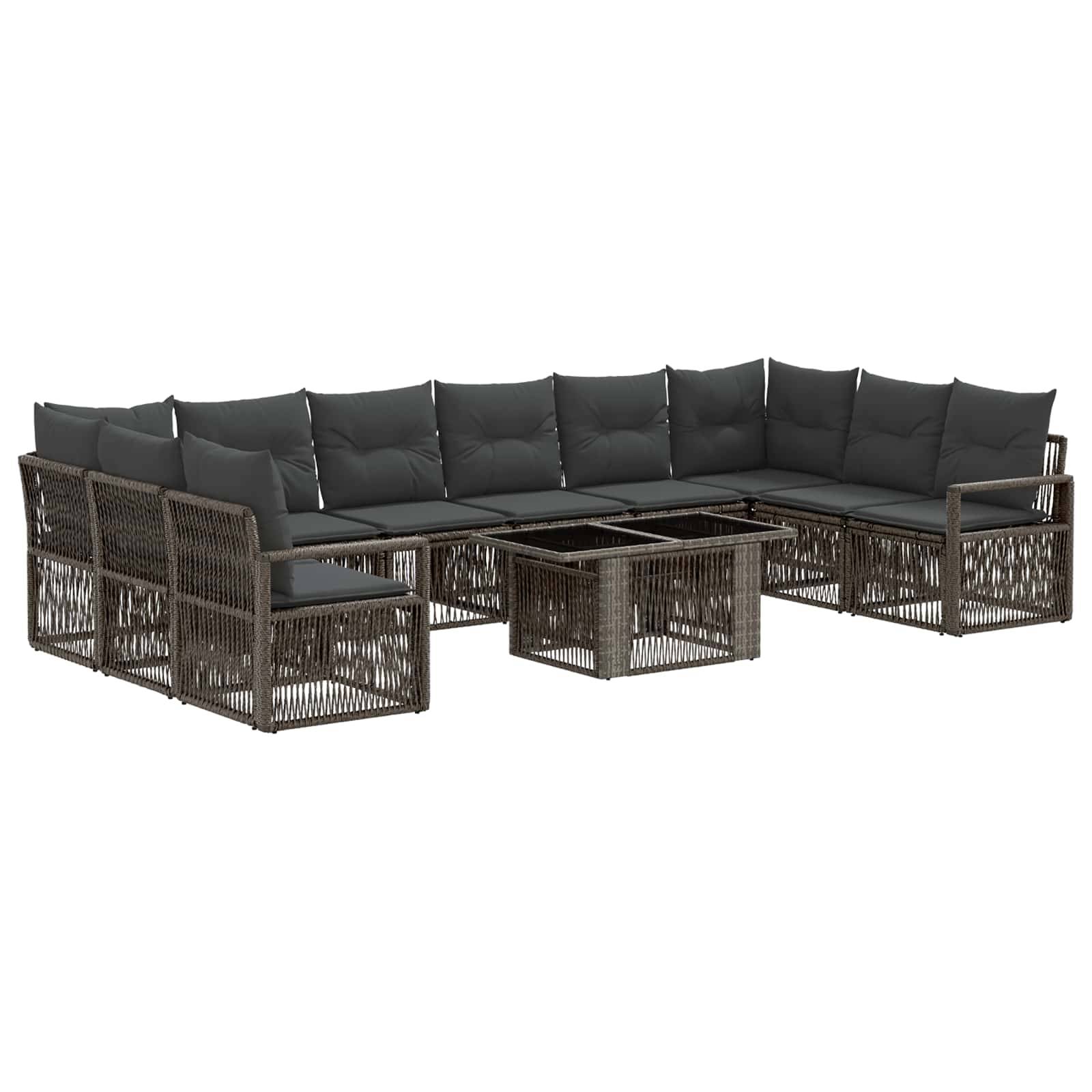 Outdoor-Lounge-Set mit dunklem gewebtem Rahmen, grauen Kissen und passenden Couchtischen auf weißem Hintergrund