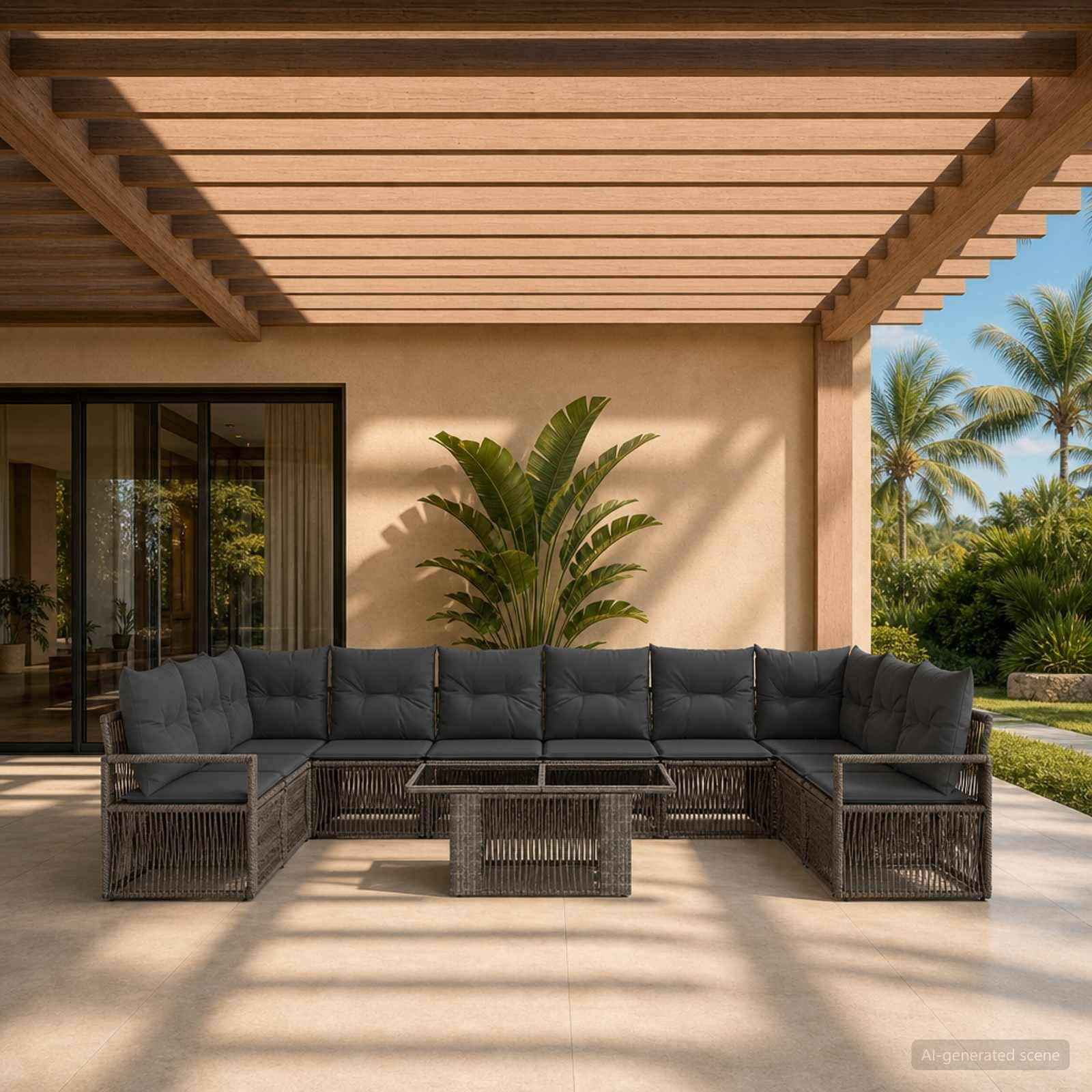 Außenterrasse mit einem L-förmigen dunklen Rattansektionalsofa und Glaskaffeetisch unter einer lamellenverzierter Pergola, neben einer Schiebeglasstür und einem palmenbewachsenen Garten.
