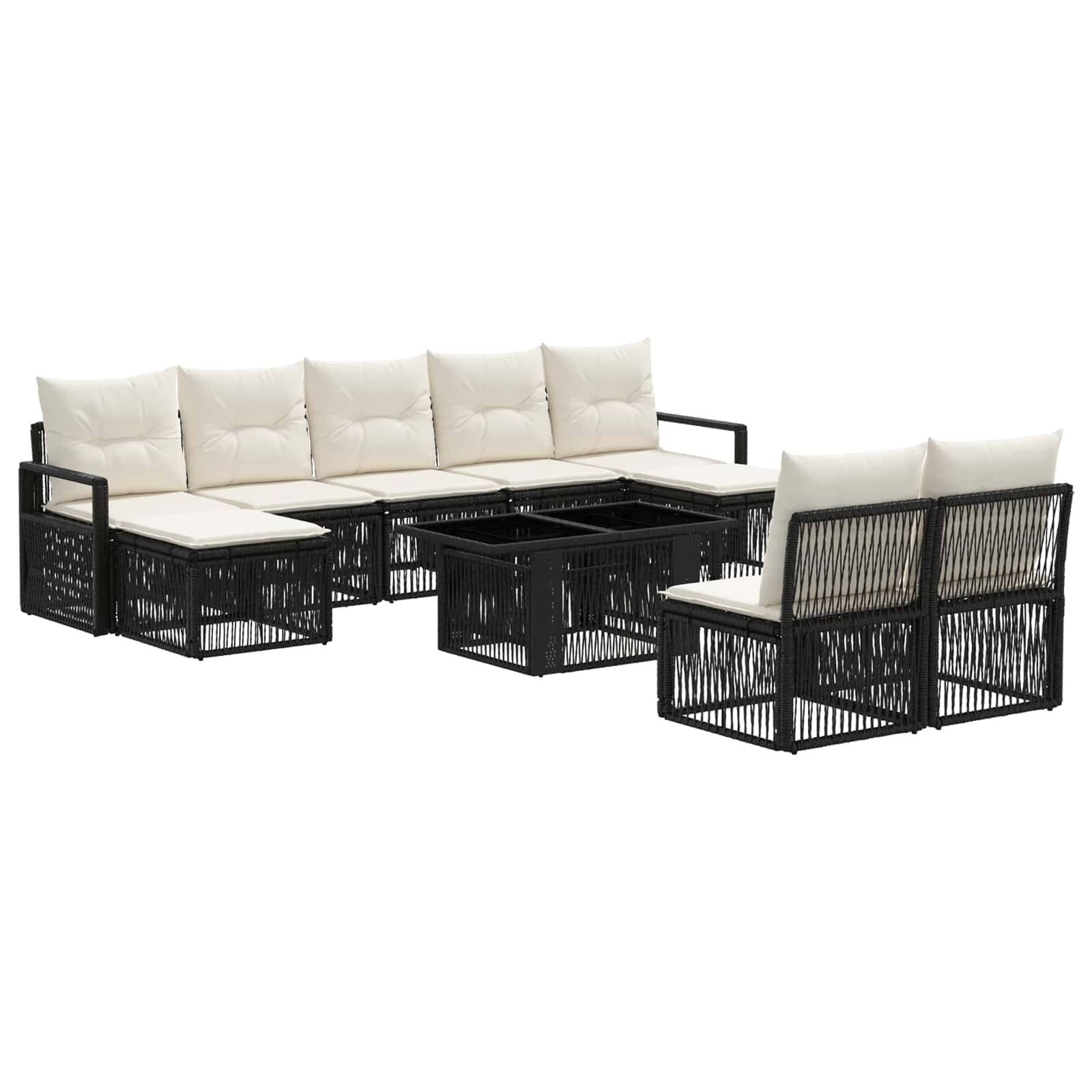 Schwarzes geflochtenes Outdoor-Ecksofa-Set mit cremefarbenen Kissen und passendem Couchtisch auf weißem Hintergrund.