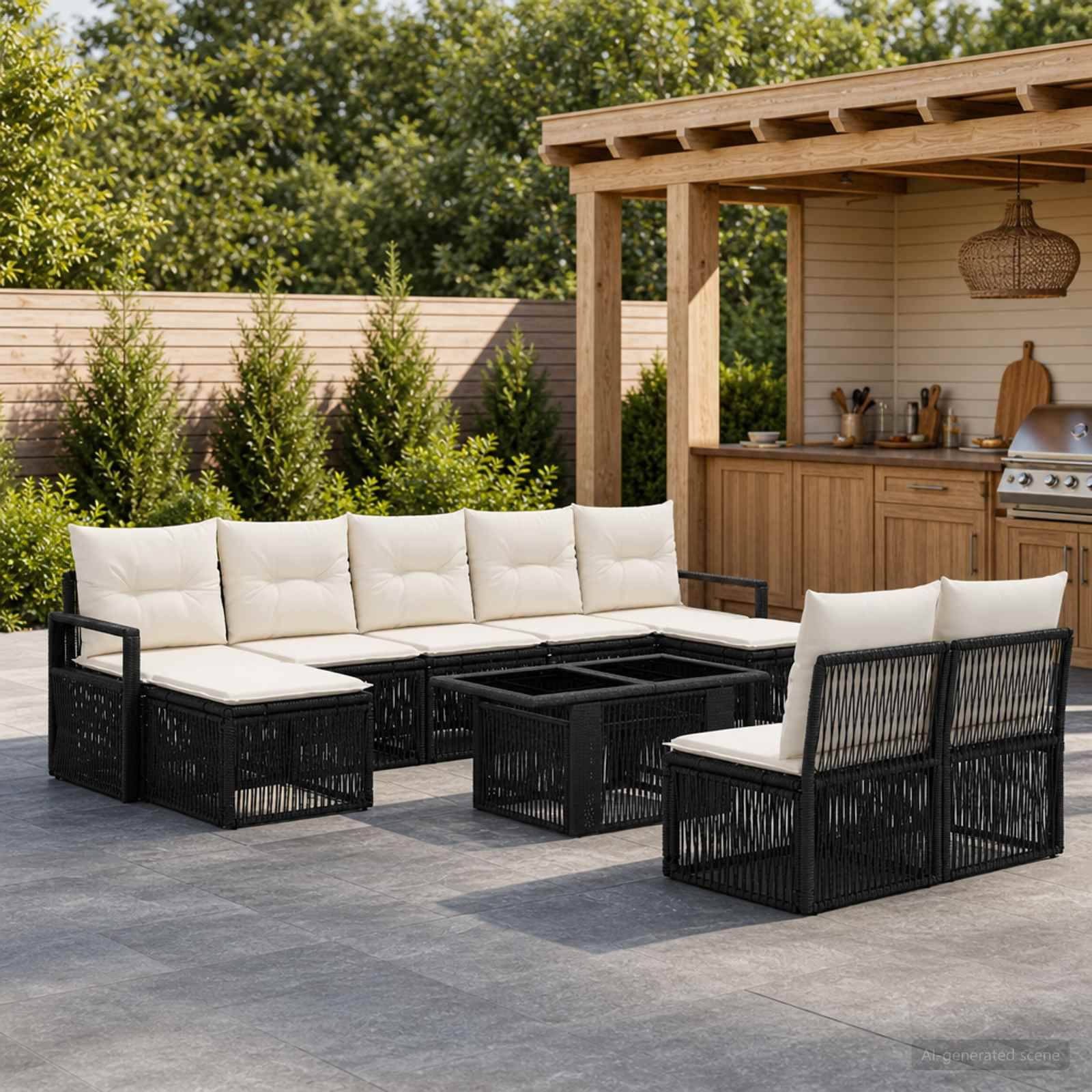 Outdoor-Terrasse mit schwarzer Rattan-Eckgarnitur, cremefarbenen Kissen und passenden Stühlen um eine quadratische Feuerstelle neben einer hölzernen Pergola und einer Außenküche.