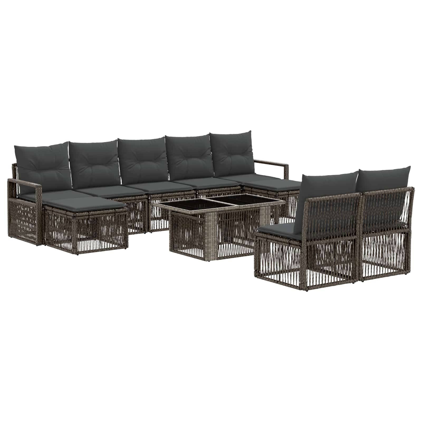 Outdoor-Loungemöbel-Set mit dunkelgeflochtenem Rattangestell, grauen Kissen und Glastisch, inklusive zwei passender Stühle.