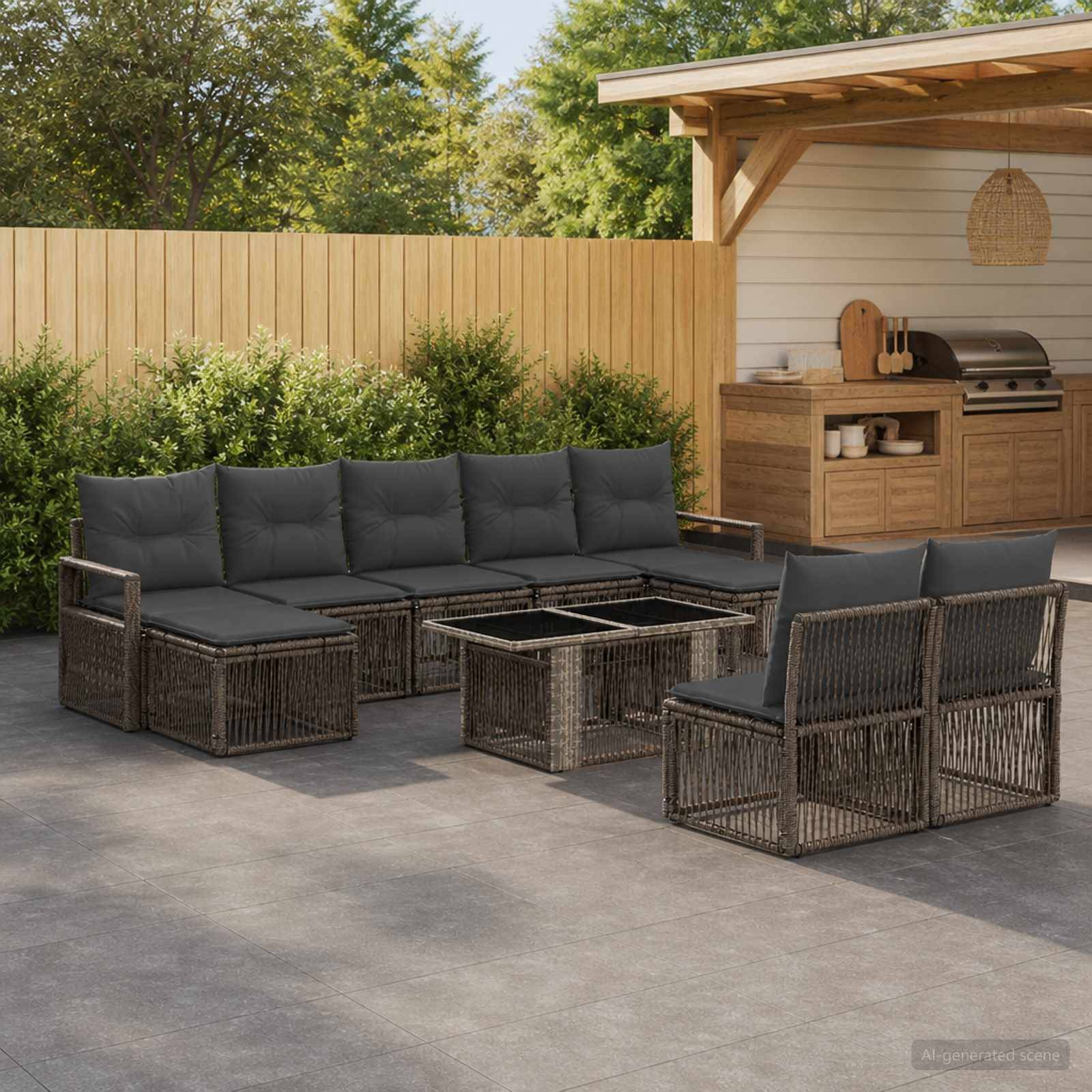 Außenterrasse mit grauem Korbpolster-Ecksofa, Sesseln und Couchtisch neben einer Grillstation im Hinterhof und einem Holzzaun.