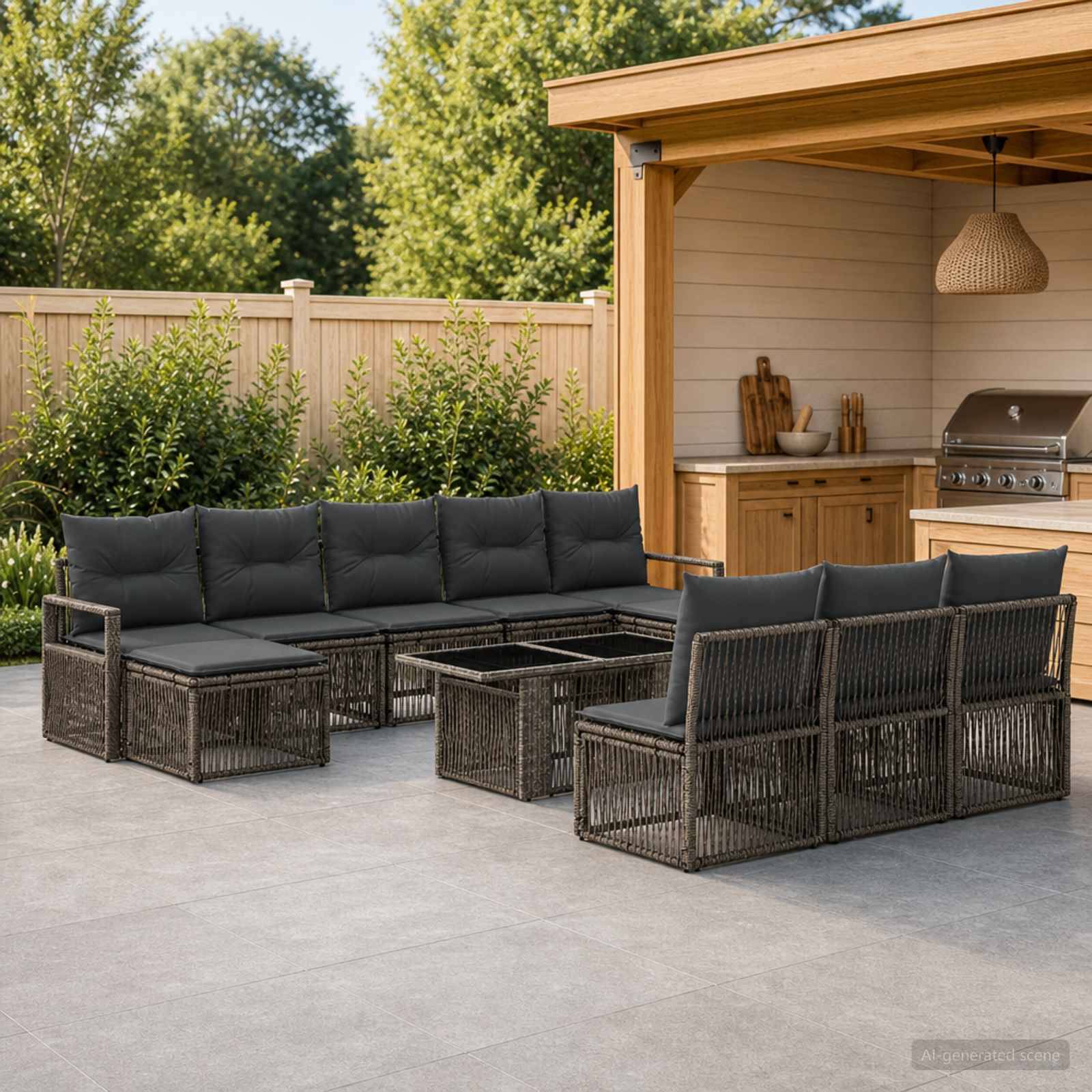 Outdoor-Terrasse mit dunklem Rattan-Ecksofa, passenden Stühlen und Couchtischen neben einem Grill-Bereich im Hinterhof und einer hölzernen Pergola.