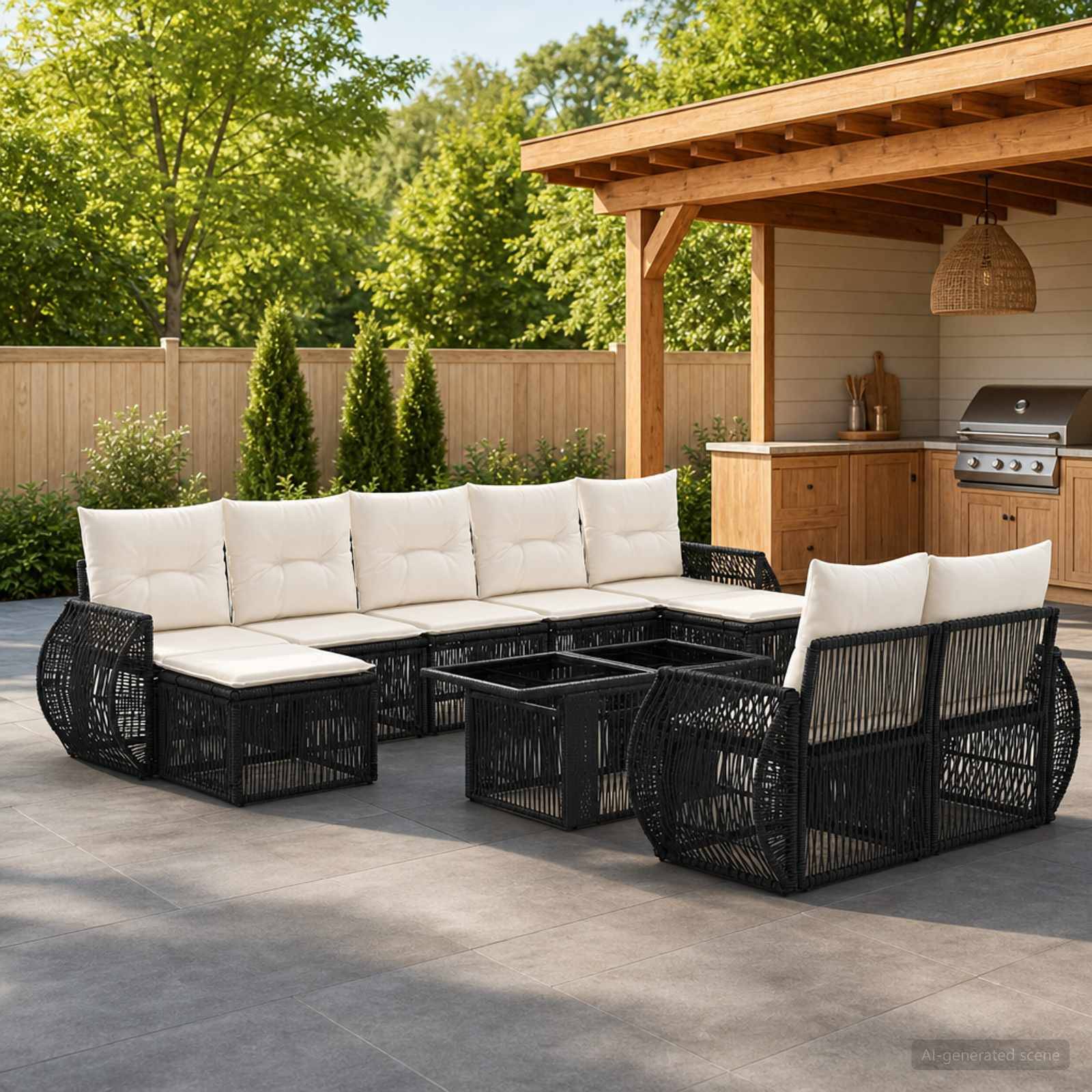 Outdoor-Patio mit schwarzer Rattan-Eckbestuhlung, weißen Kissen und Glastischen neben einem Holz-Pergola-Grillbereich im Hinterhof.