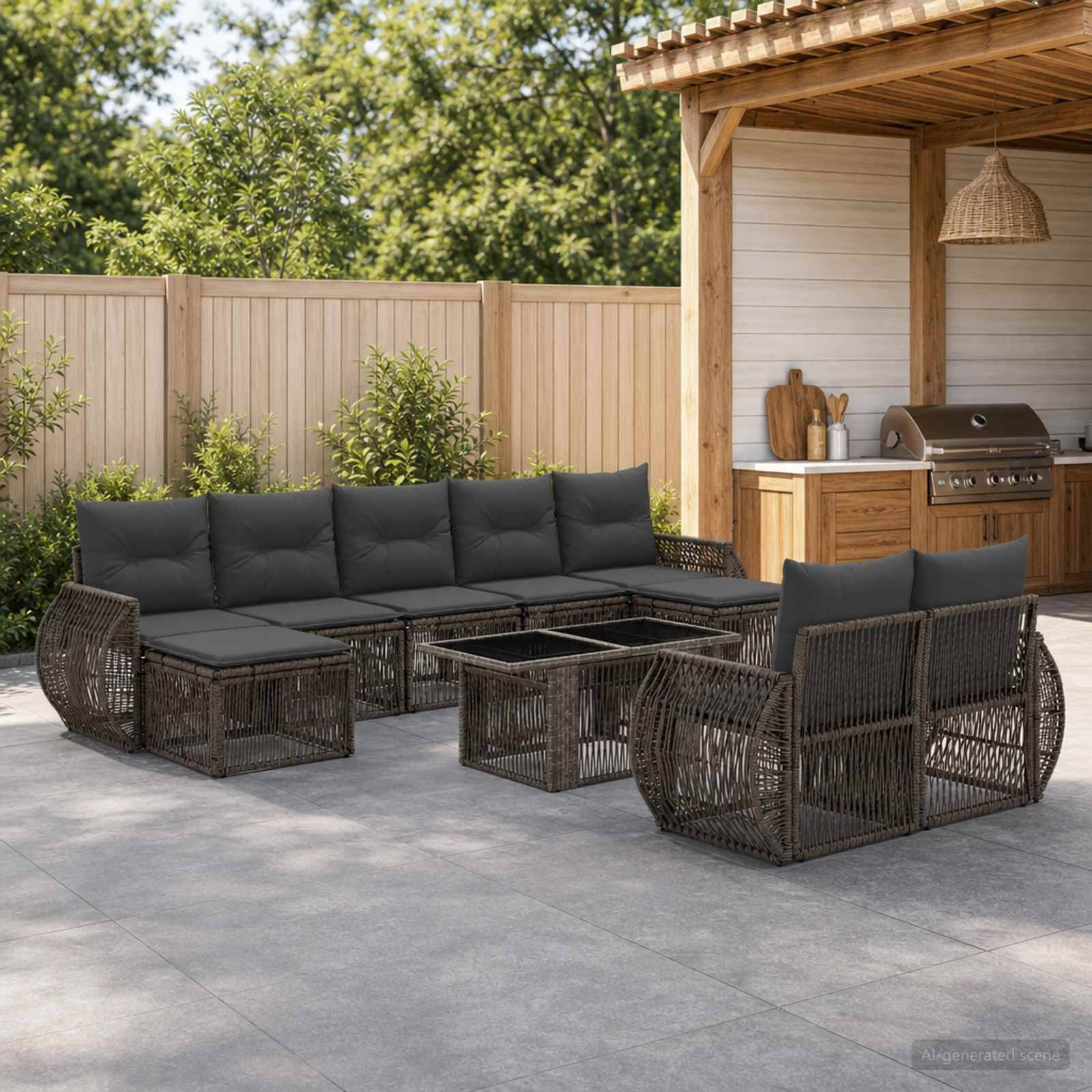 Terrassensitzbereich mit dunkler Rattaneckbank und Feuertisch neben einem Holz-Grillpavillon im Garten.